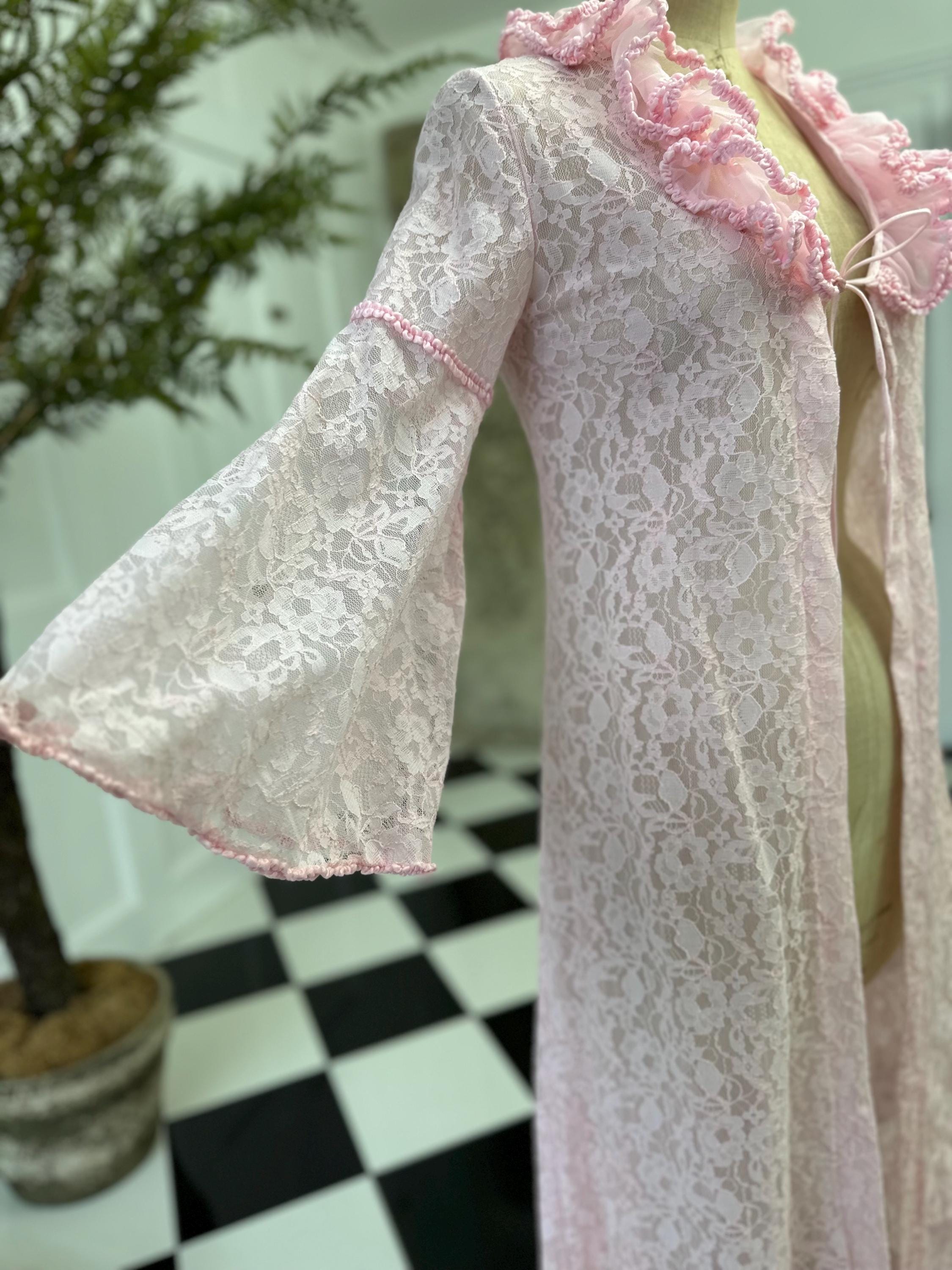 Vintage 1970 Pink Lace Peignoir  Bell Sleeves  Ruffle Neckline