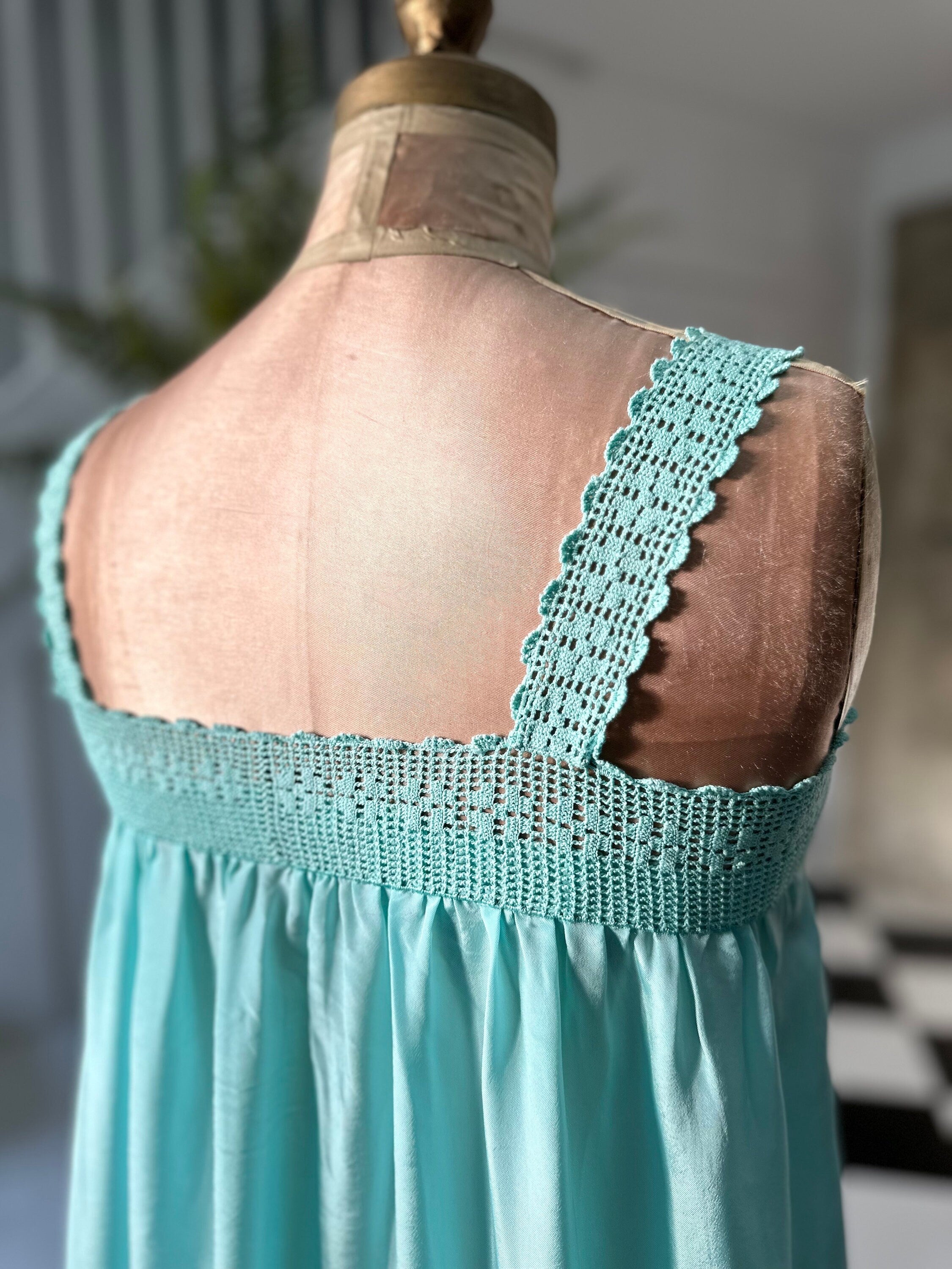 Vintage 1970s loose silky long slip dress hand crochet lace details