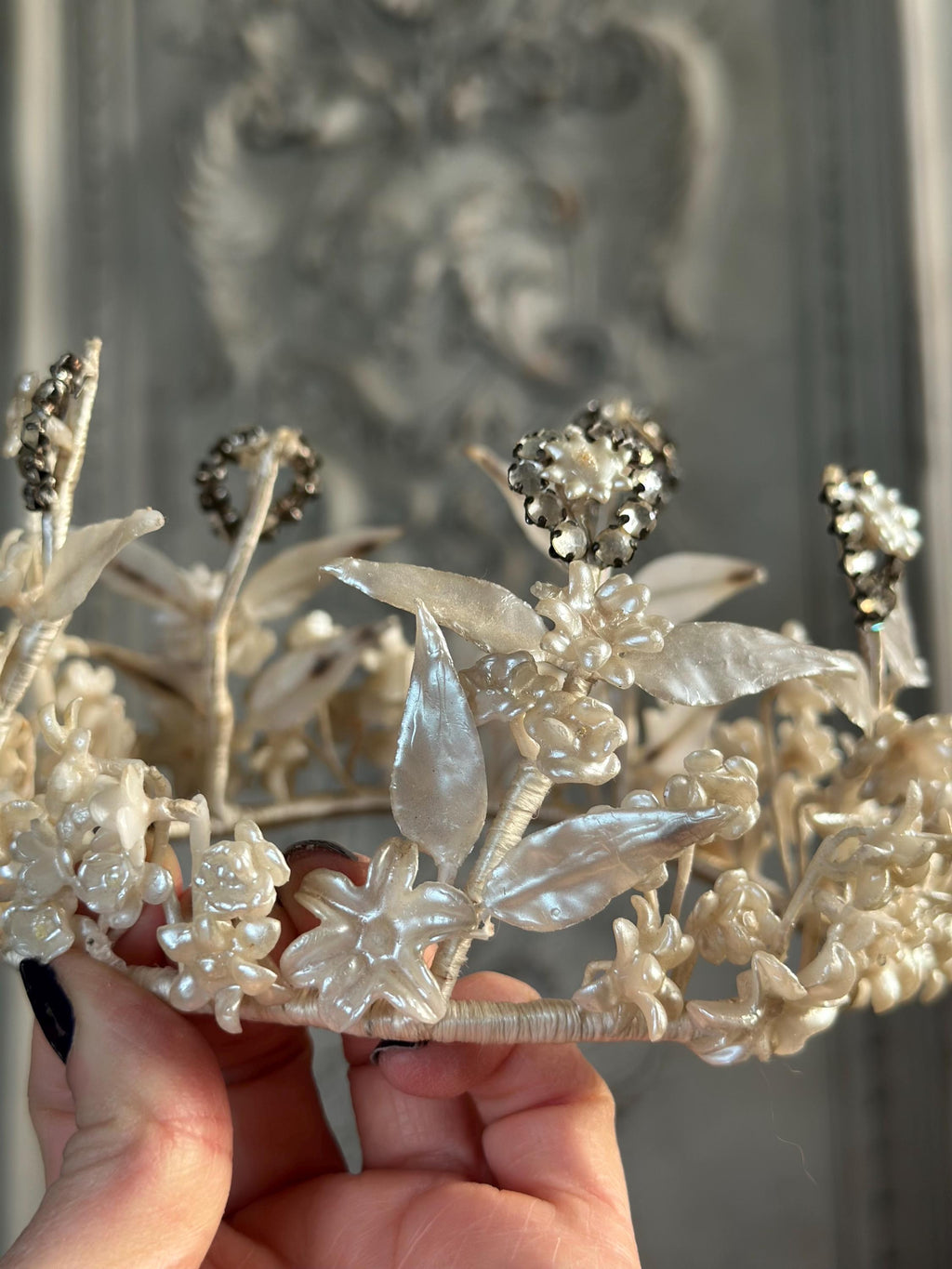 1910s 1920s Wax Elegant Handcrafted flowers and Crystals wedding Tiara