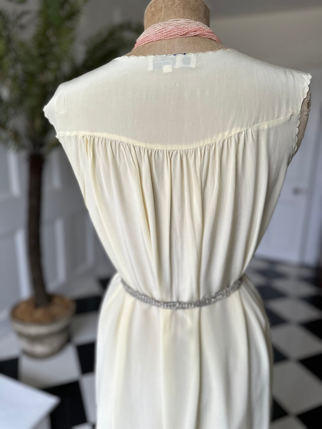 Vintage cream silk smock style long slip dress with hand embroidery