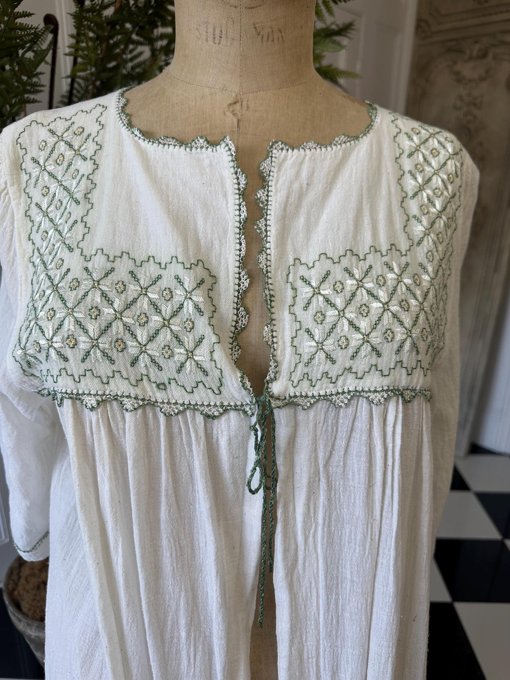 1970s Long hand loomed muslin cotton  gown with hand embroidered kimono