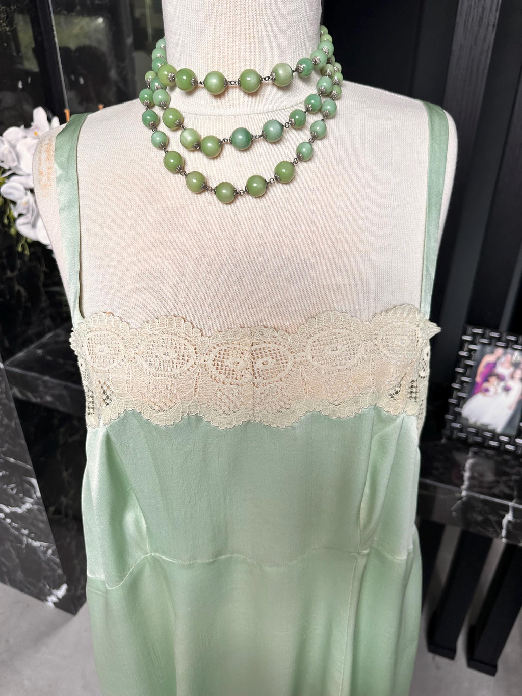 Antique 1930s Mint Green Silk Slip – Authentic Lace trimming