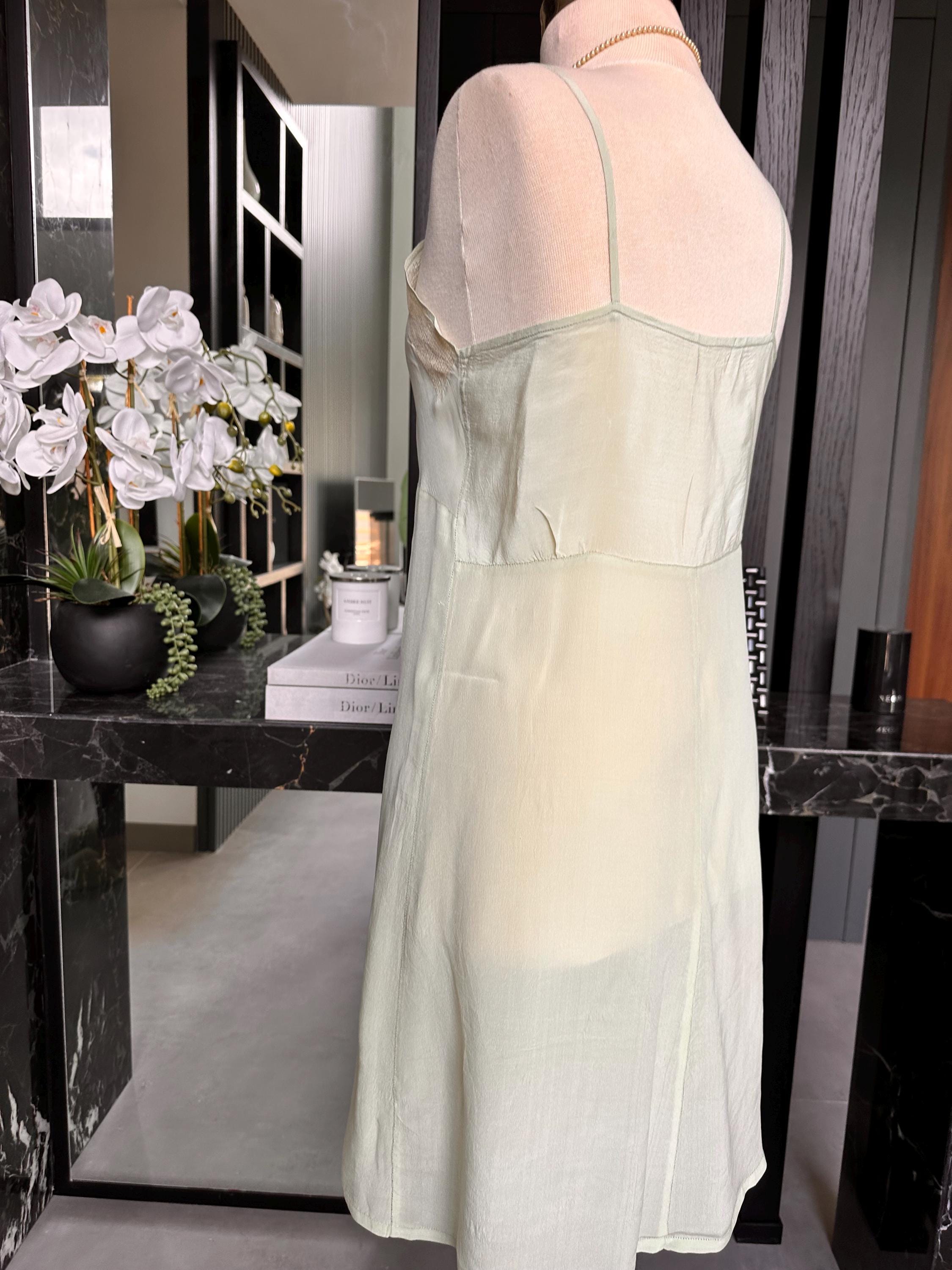 Antique 1930s Mint Green Silk Slip – Authentic Lace Inset Bias-Cut Dress