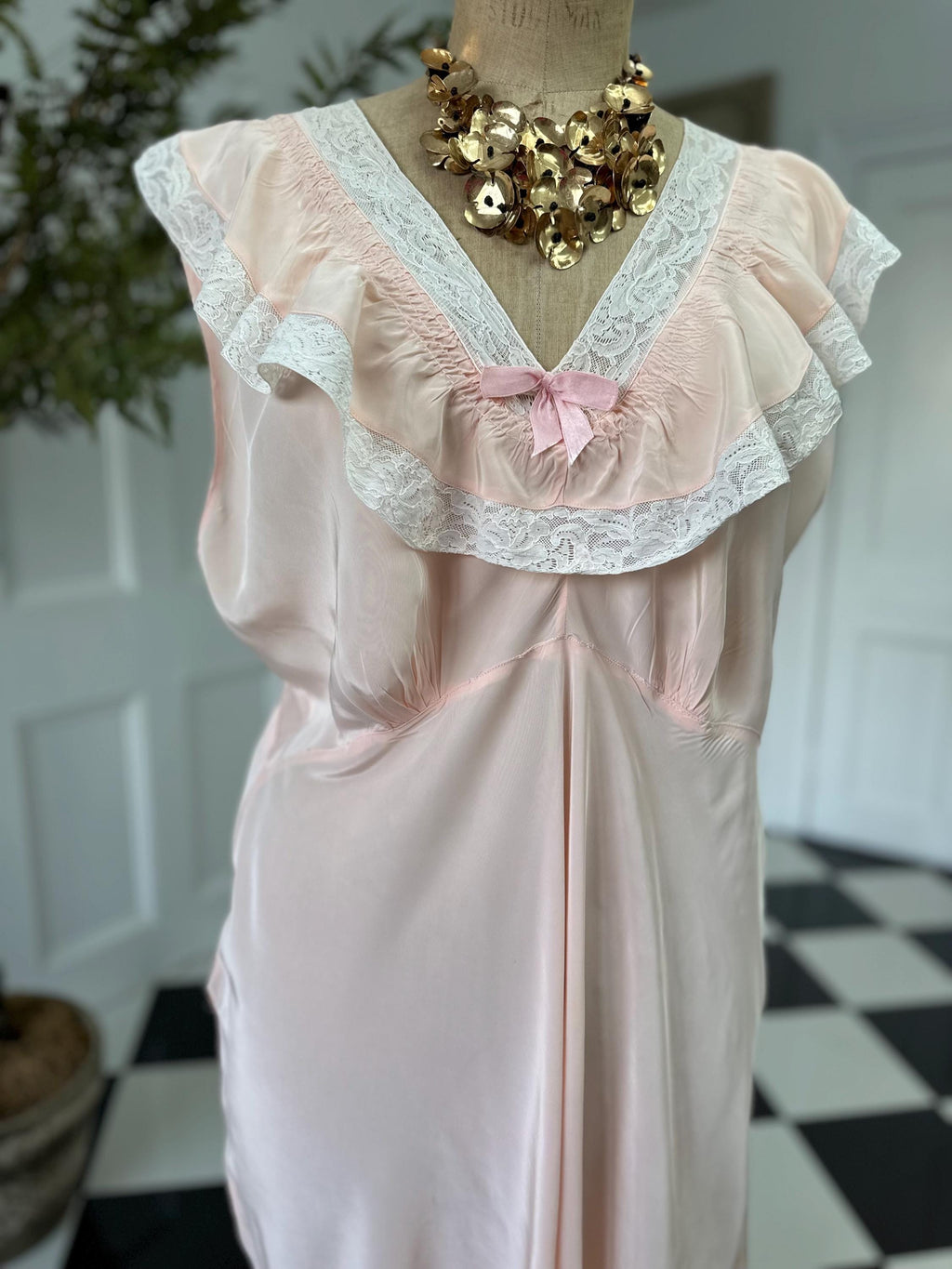 1930s Pale Pink Slip Dress: Vintage Bias Cut with Cream Lace