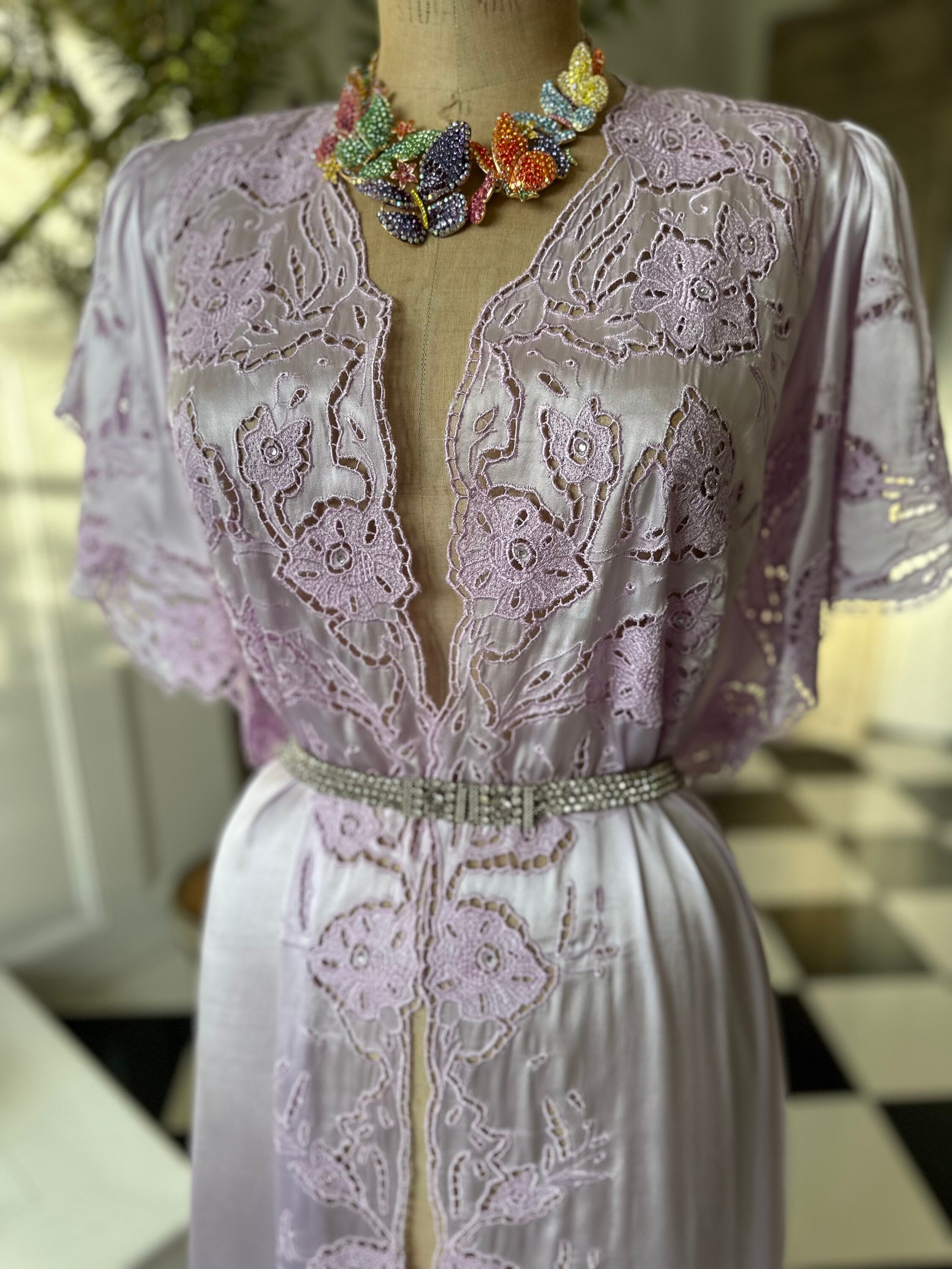 Vintage Lilac Satin Peignoir: 1980s Cutout Lace Robe