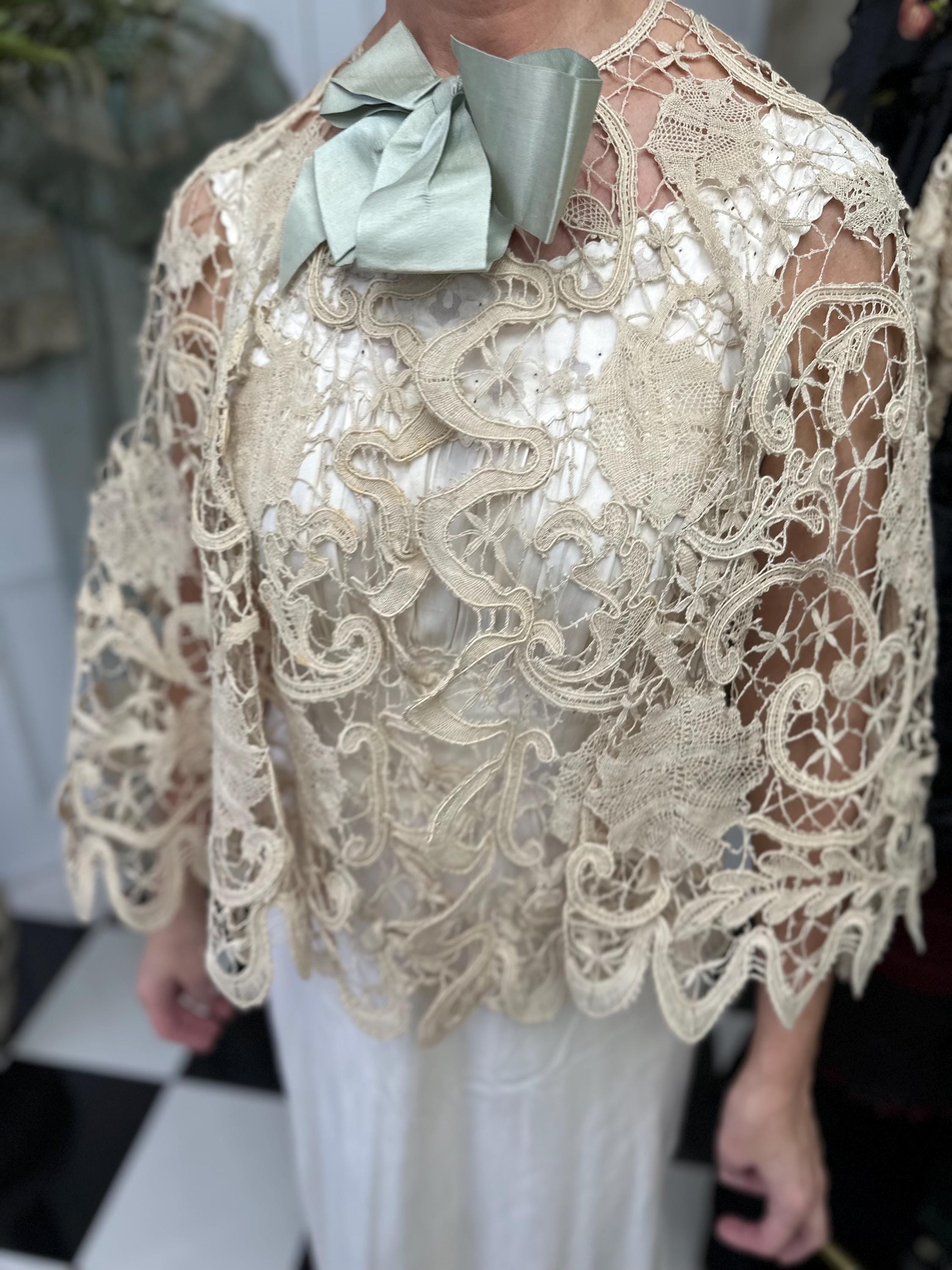 19th Century Cream Bobbin Lace Cape: Sage Green Silk Ribbon, Cotton