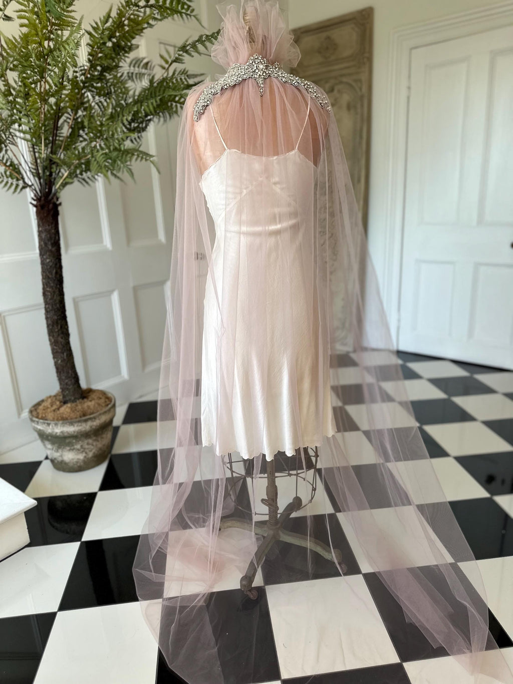 Handmade Vintage embellished soft Tulle Cape in old rose pink