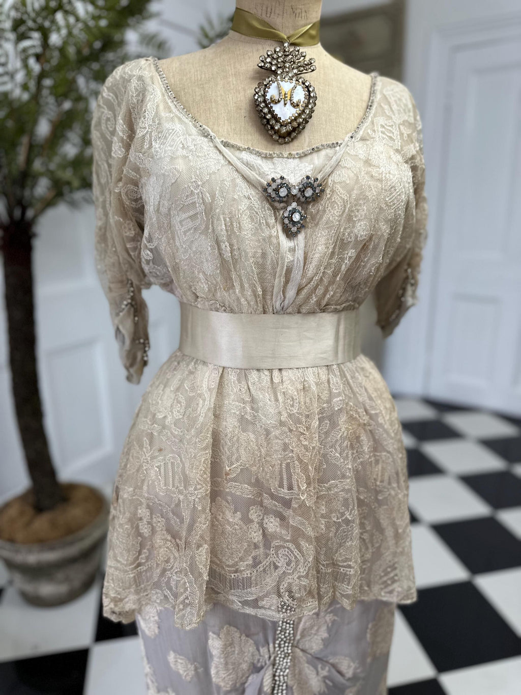 Edwardian Lace & Silk Dress: Titanic Style Rhinestone Trim, UK 8/10