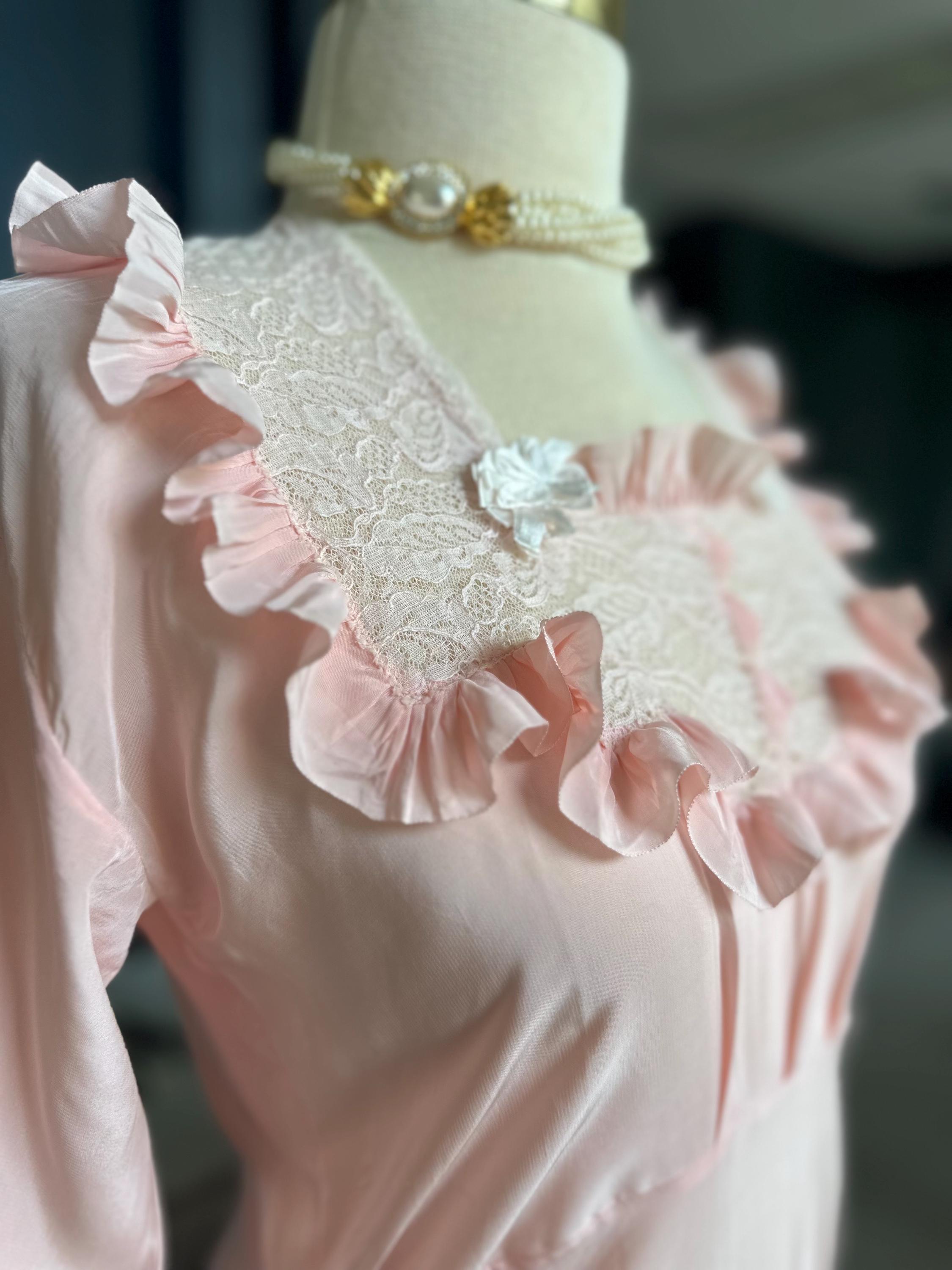 Vintage 1940s Pink Rayon Maxi Dress – Lace Ruffle Bodice, Victorian Sleepwear Gown