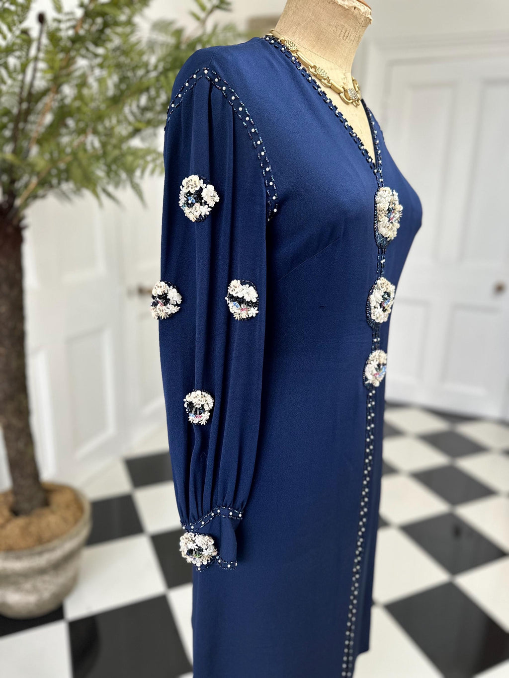 1970s Navy blue silk sequin and beaded knee length evening dress