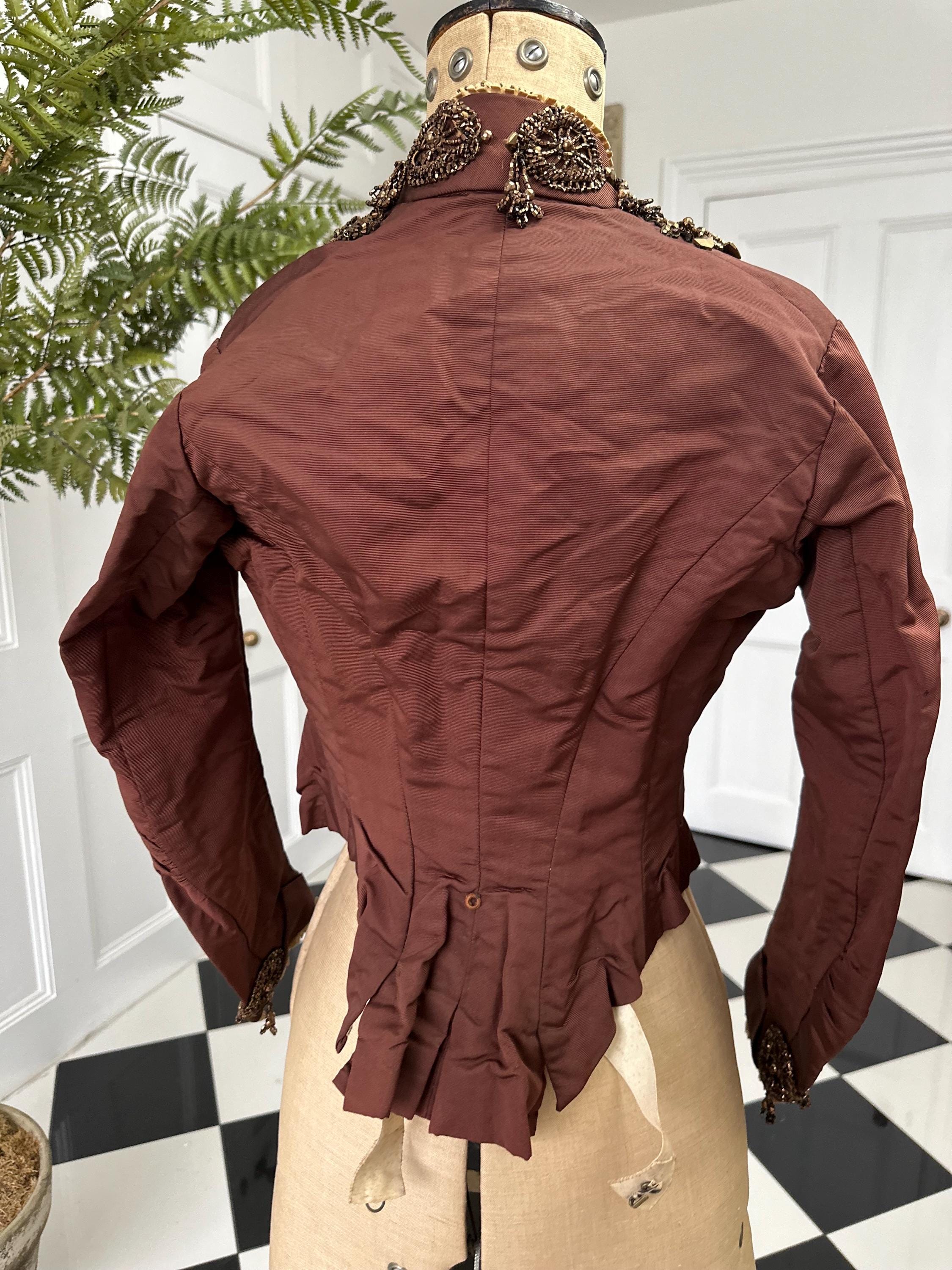 1880s French Silk Bodice: Bronze Brown Glass Beaded Embellishments