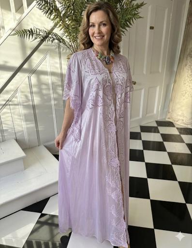 Vintage Lilac Satin Peignoir: 1980s Cutout Lace Robe