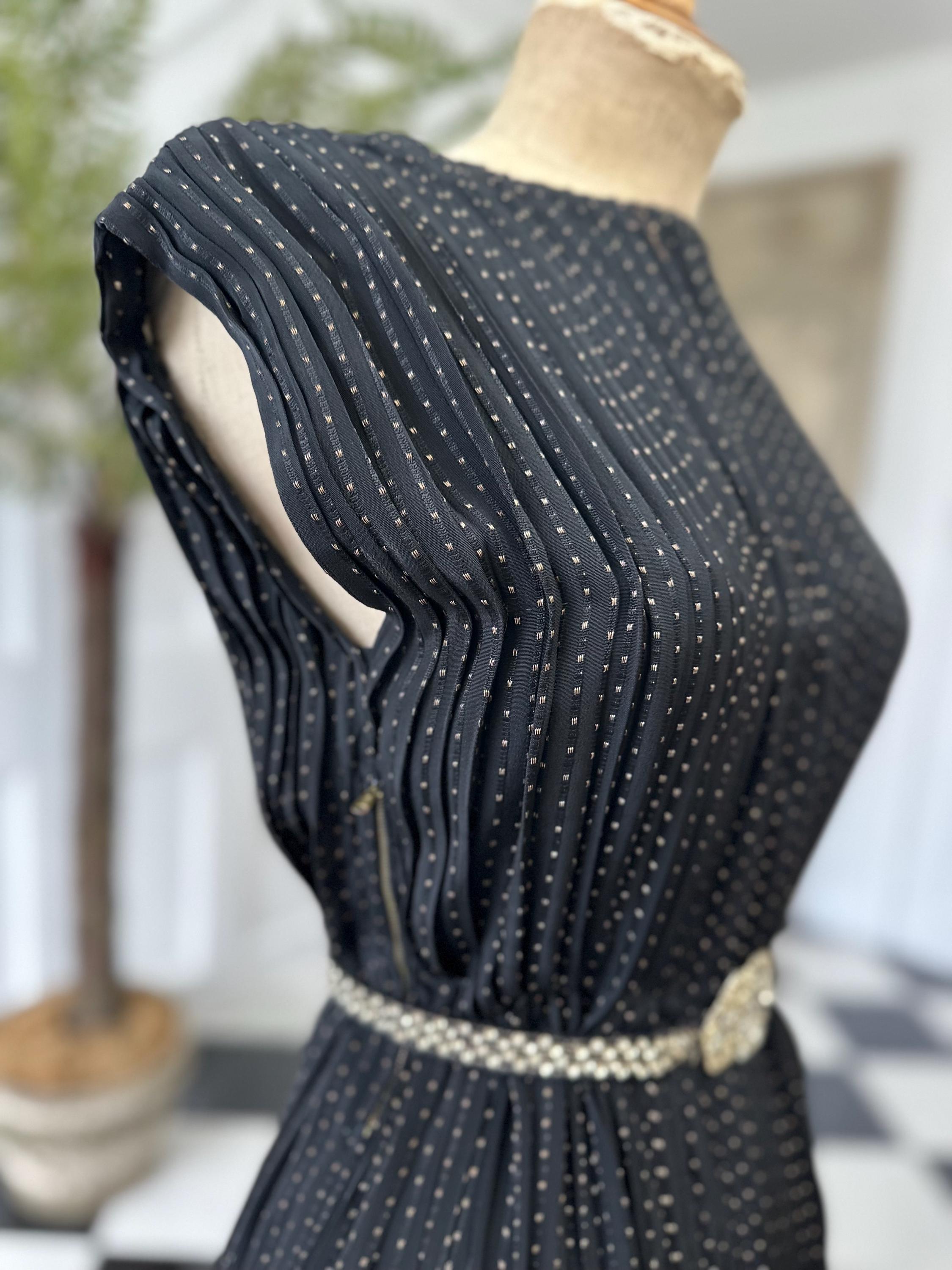 1940s Black with gold thread accordion pleat dress