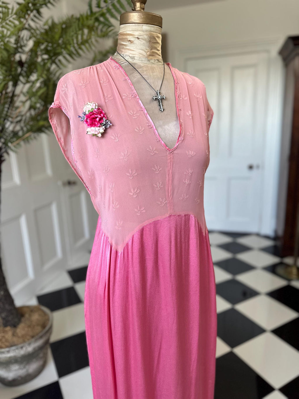 1940s silk satin and chiffon hot pink hand embroidered slip dress