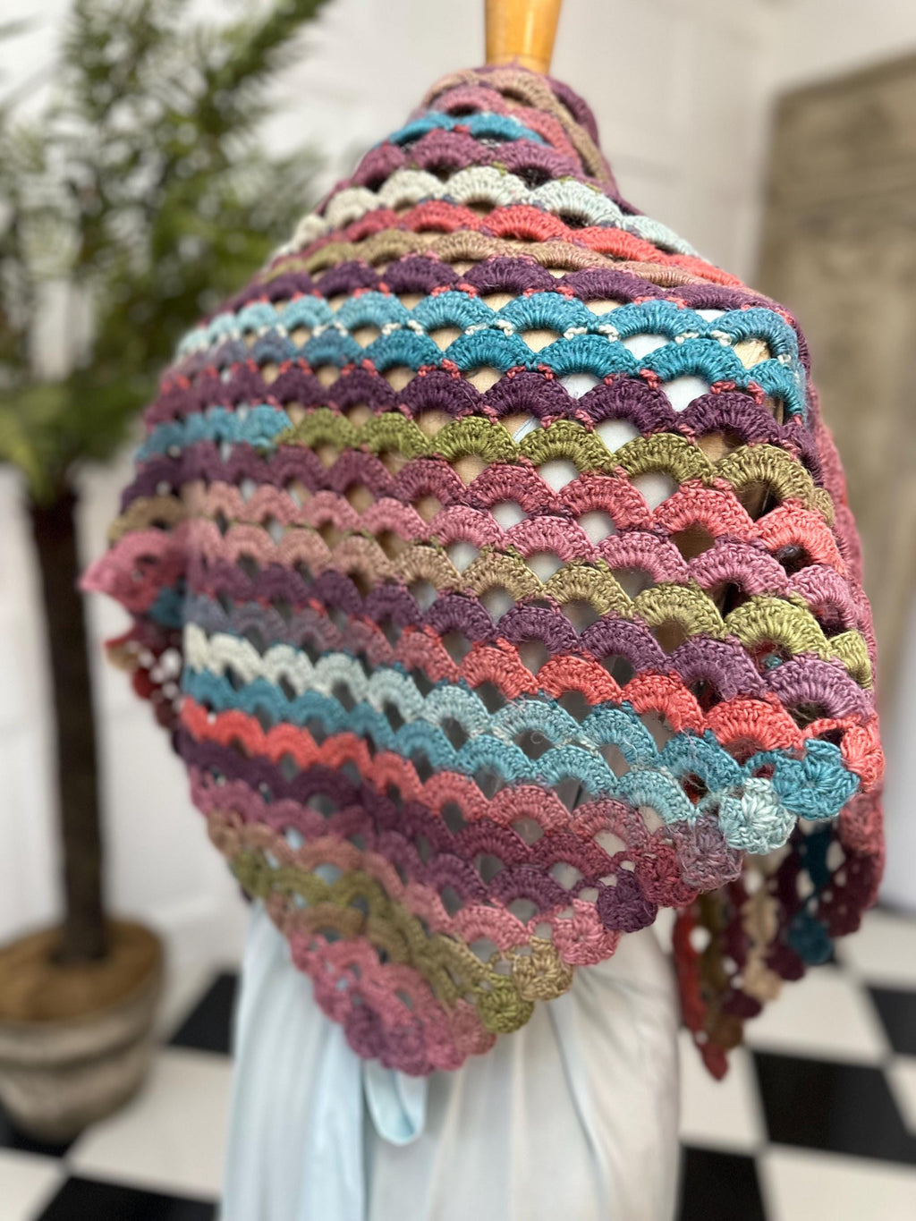 1970s Vintage hand knitted multi coloured shawl