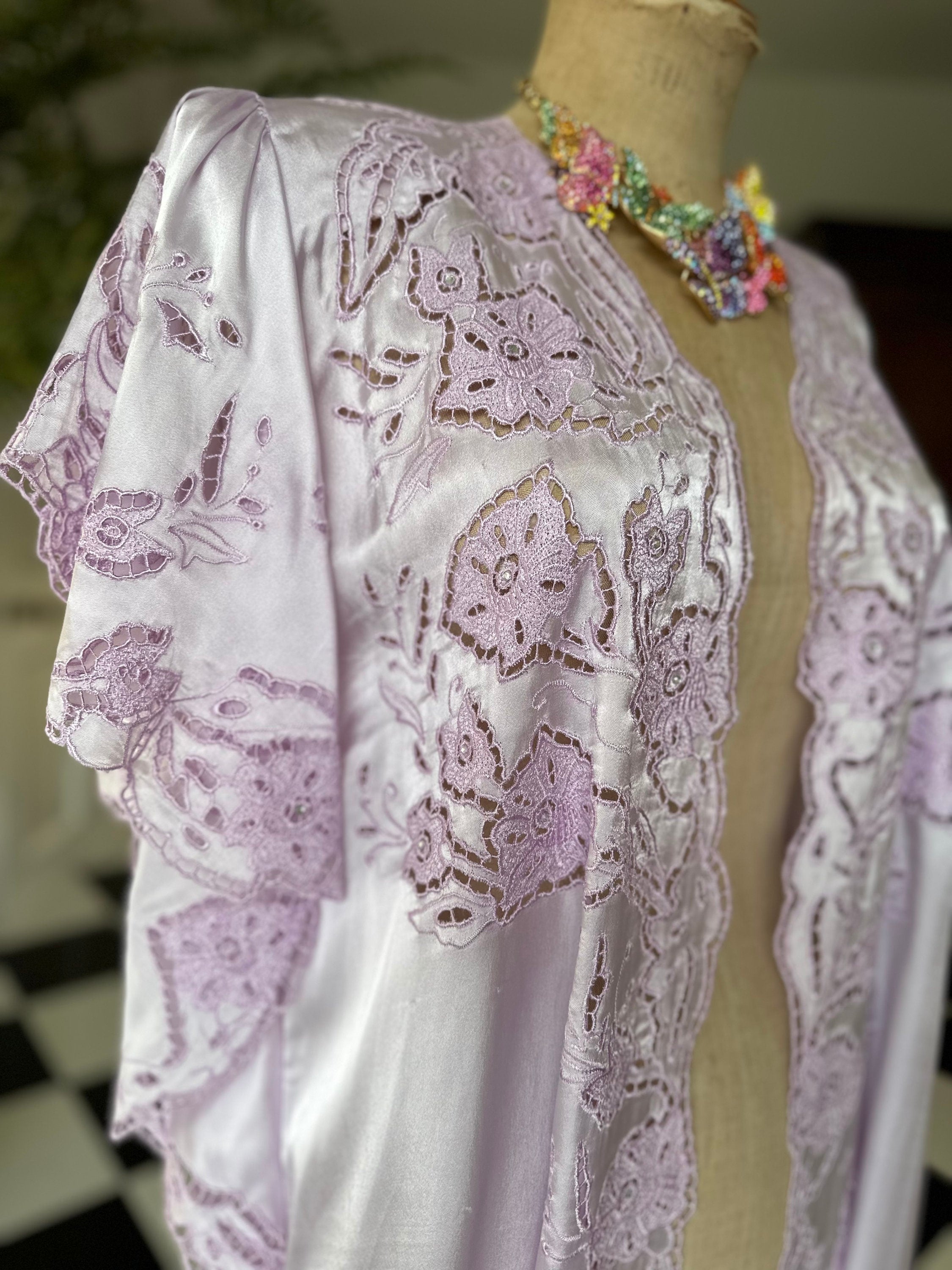 Vintage Lilac Satin Peignoir: 1980s Cutout Lace Robe