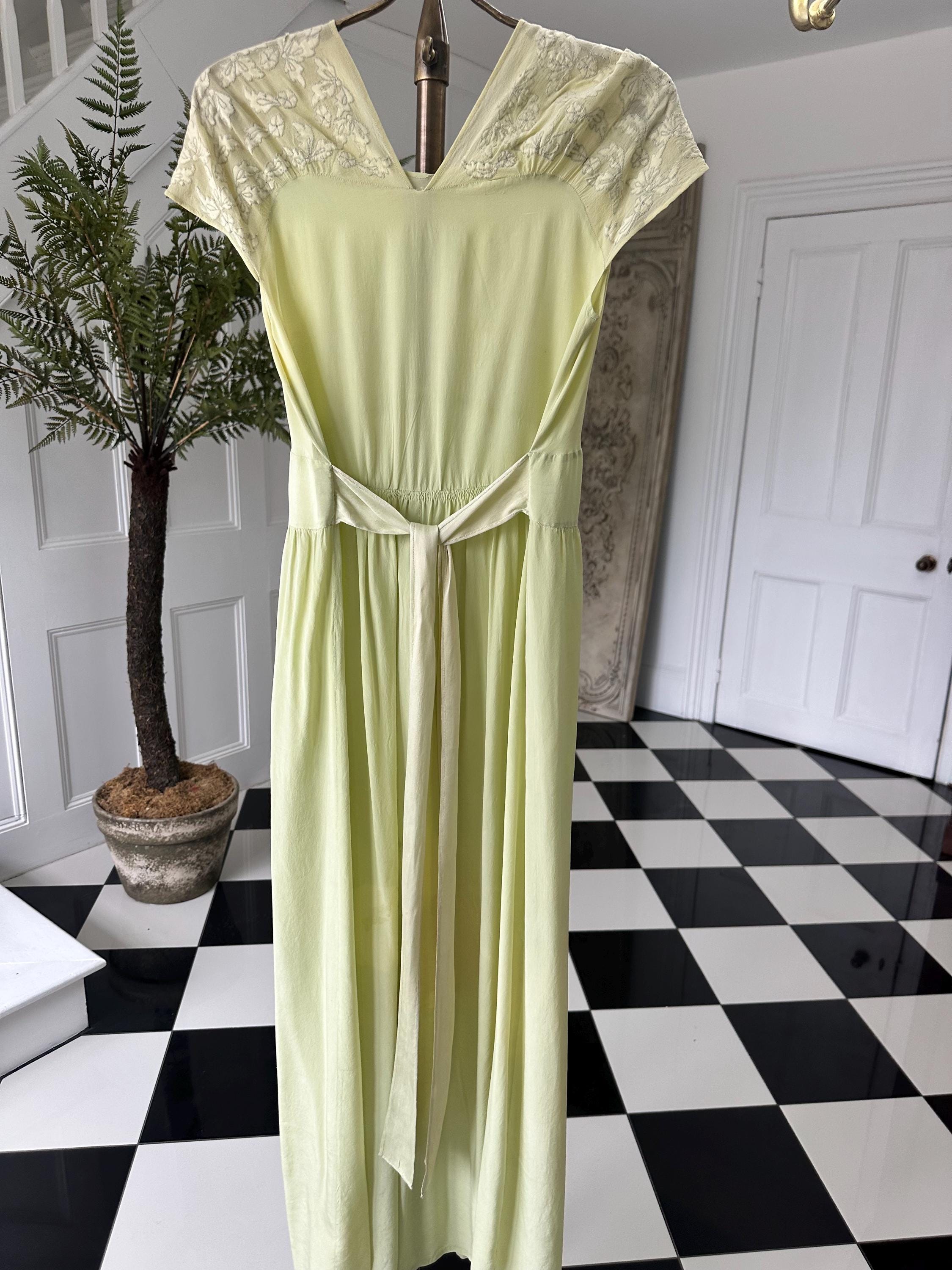 1940s Vintage Silk  Hand Embroidered Dress in mint green