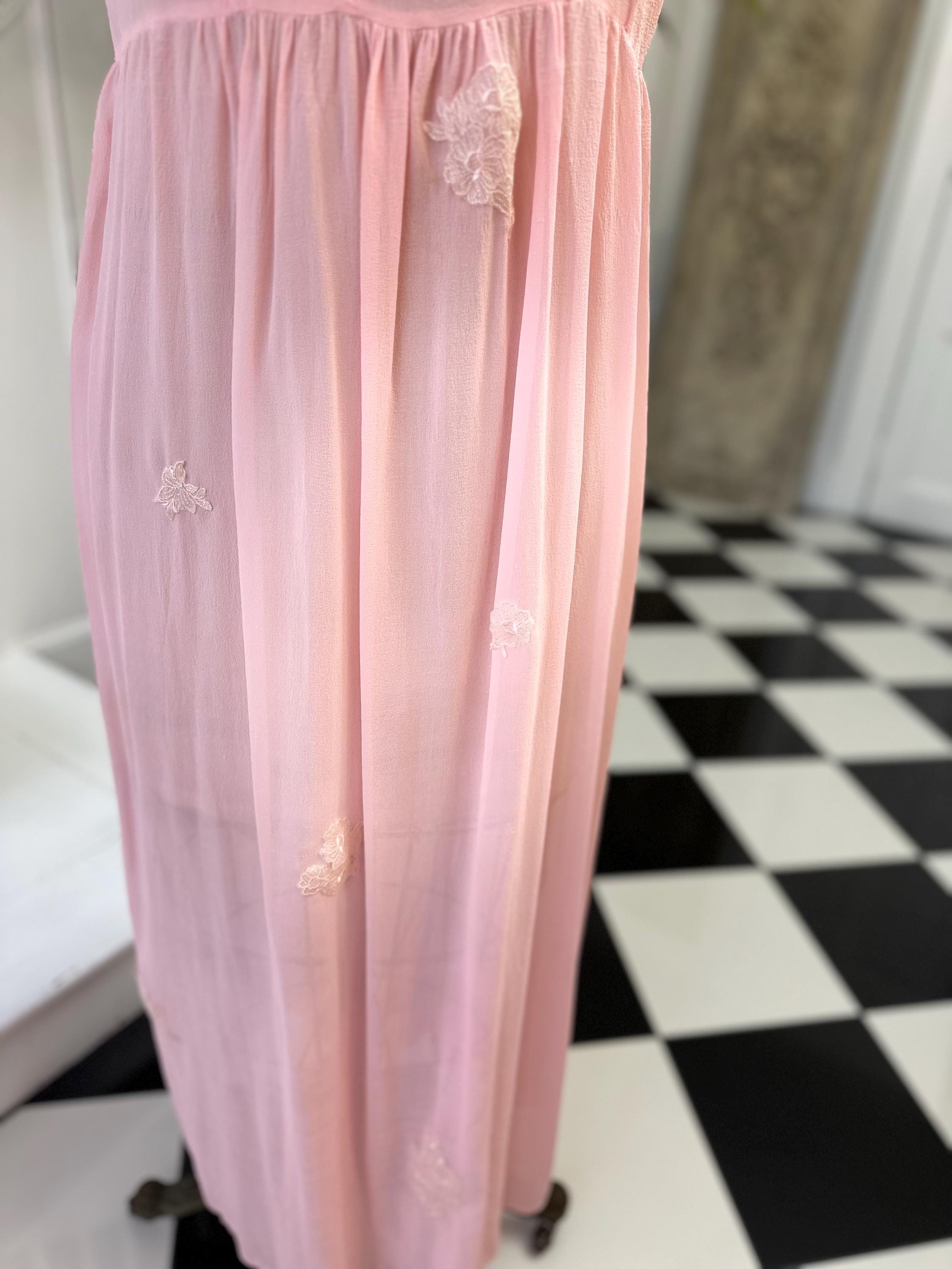 1940s Pink silk crepe dress with hand embroidery details on the shoulder added lace appliqués