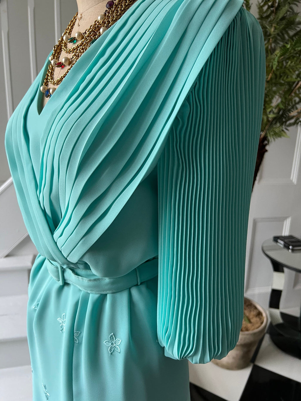 1980s Turquoise Pleated Dress: Vintage Embroidered Hem