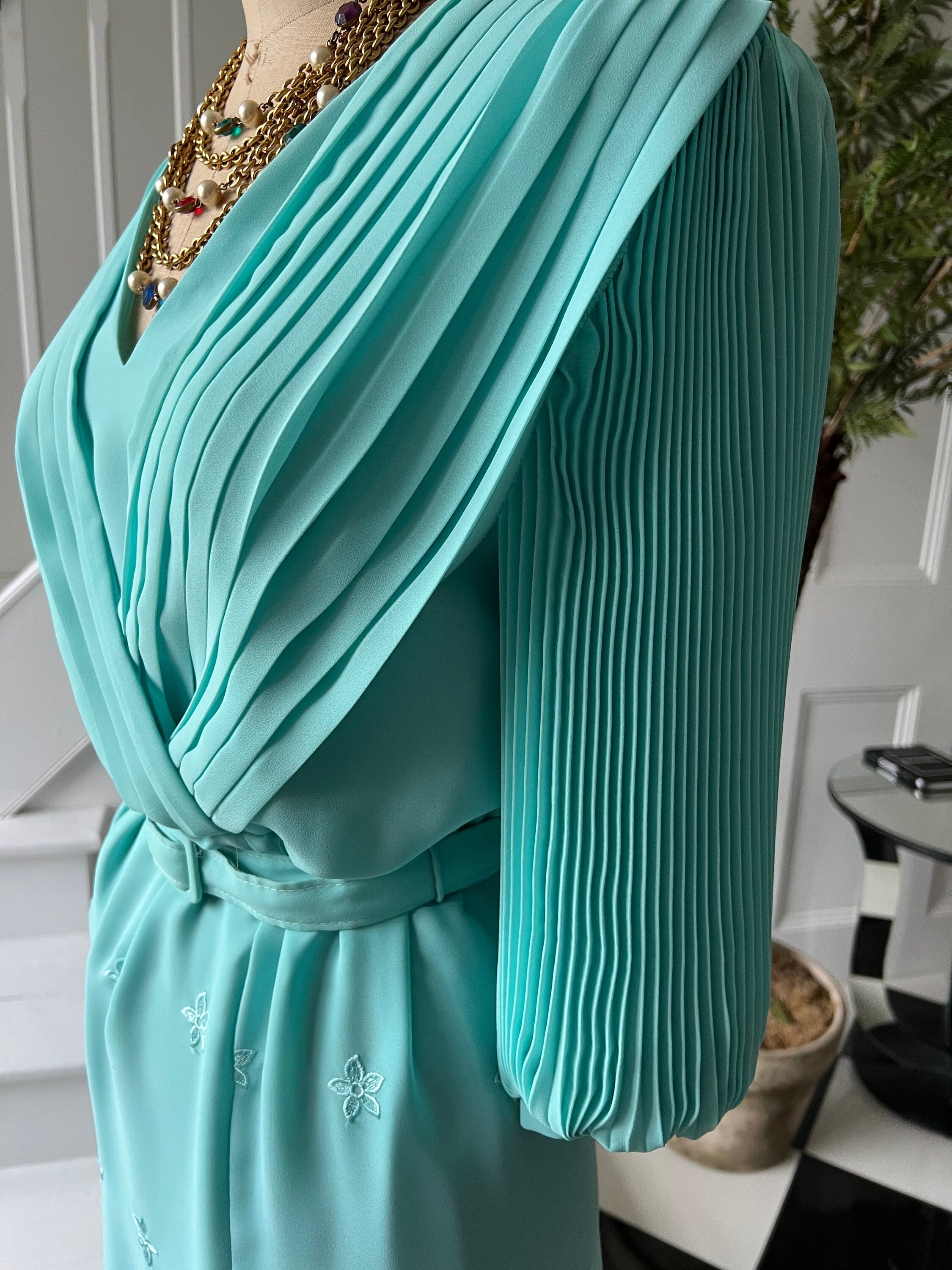1980s Turquoise Pleated Dress: Vintage Embroidered Hem