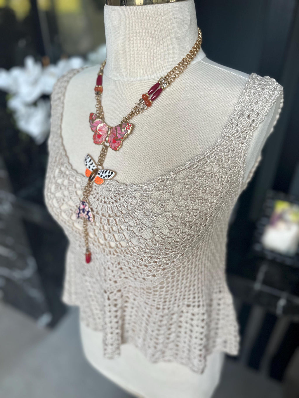 Hand Crocheted Beige Tank Top – Boho Lace Knit Sleeveless Peplum Shirt