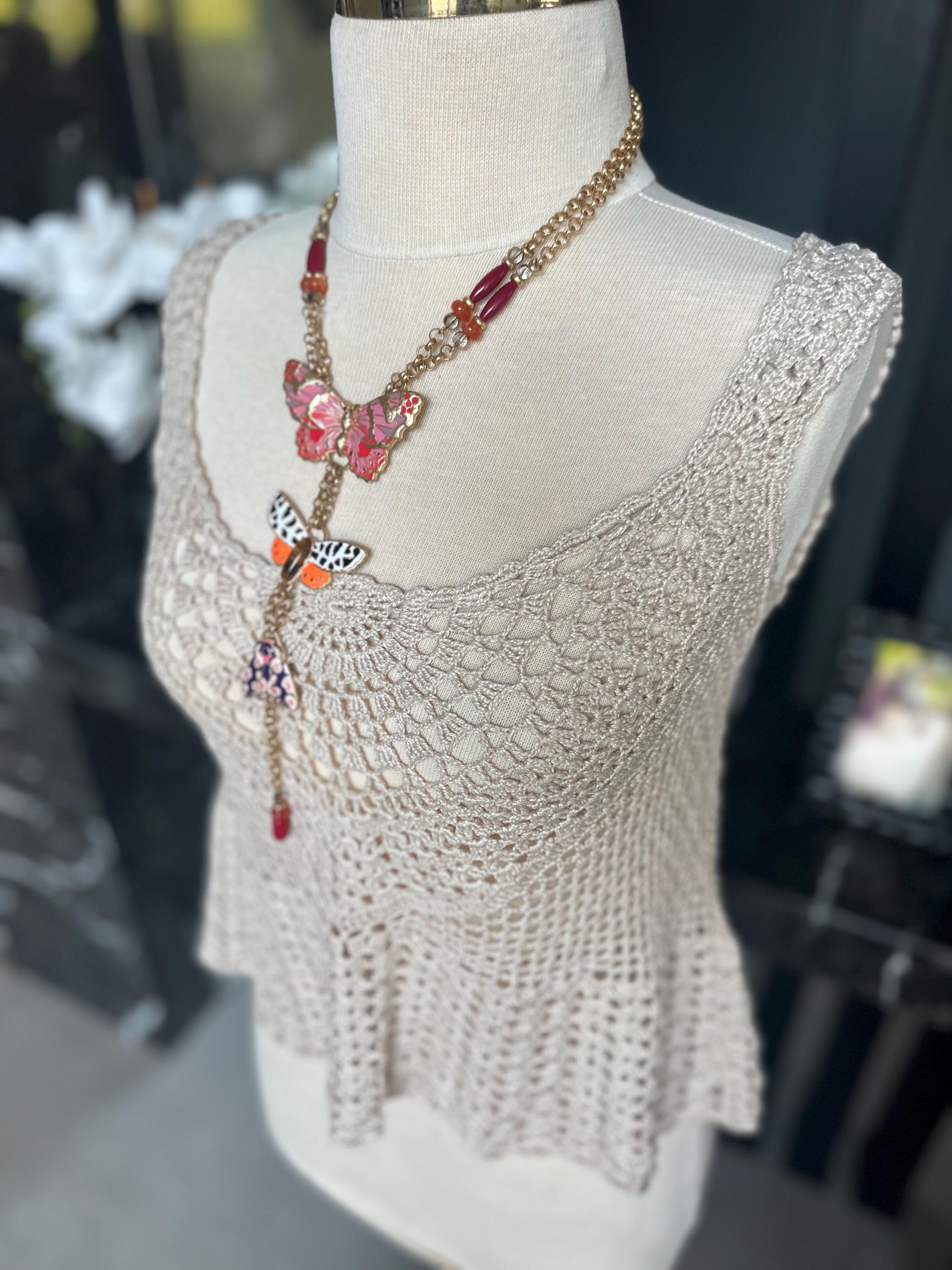 Hand Crocheted Beige Tank Top – Boho Lace Knit Sleeveless Peplum Shirt