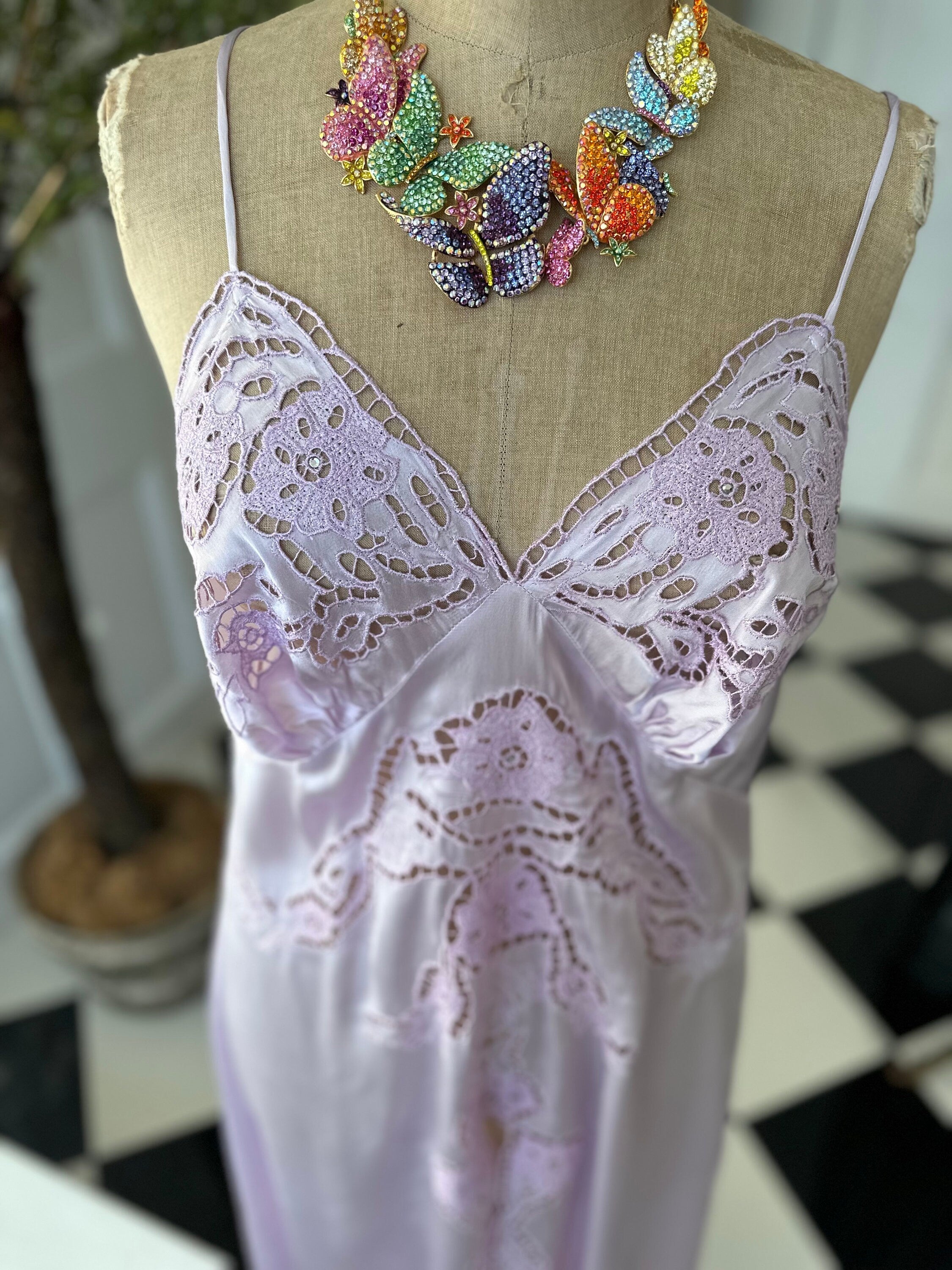 Vintage very sexy lilac cutout lace long slip