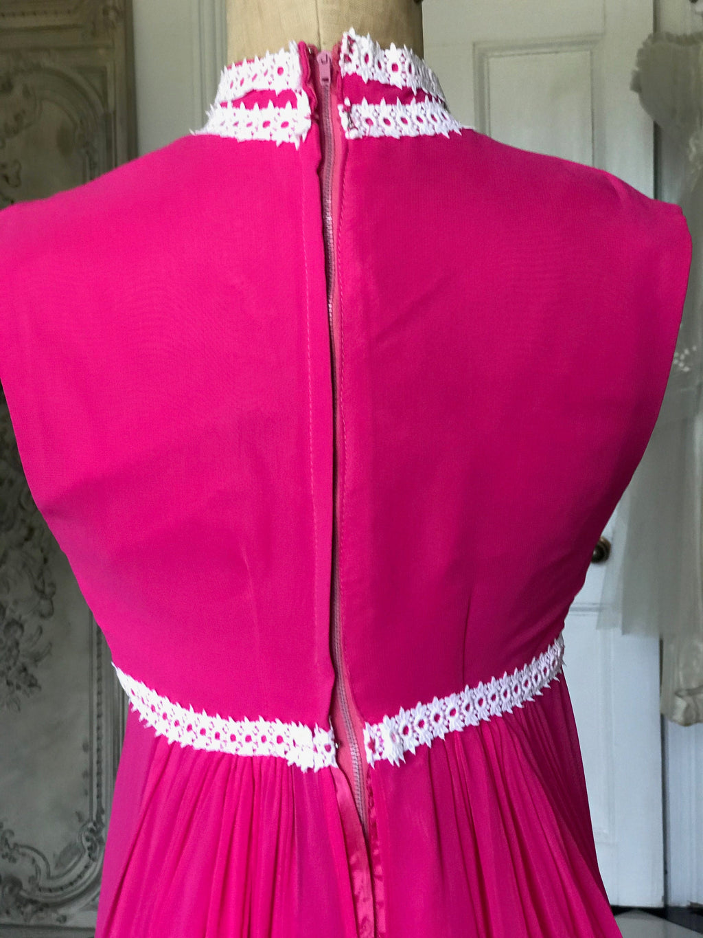 Vintage 1970s Sleeveless hot pink chiffon maxi dress with pearl buttons