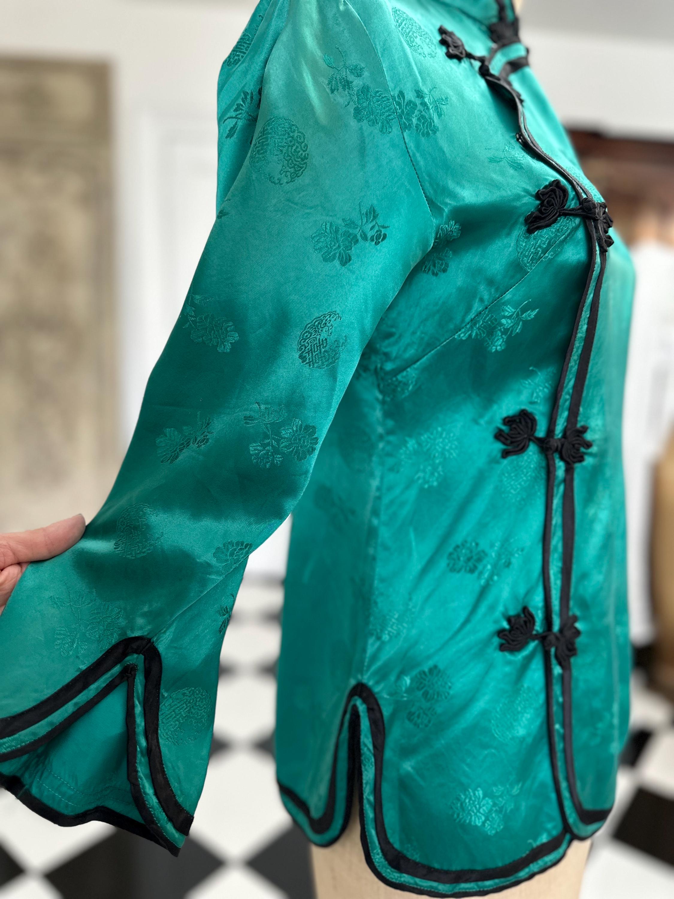 Chinese Emerald green rayon blouse label Silver Lake