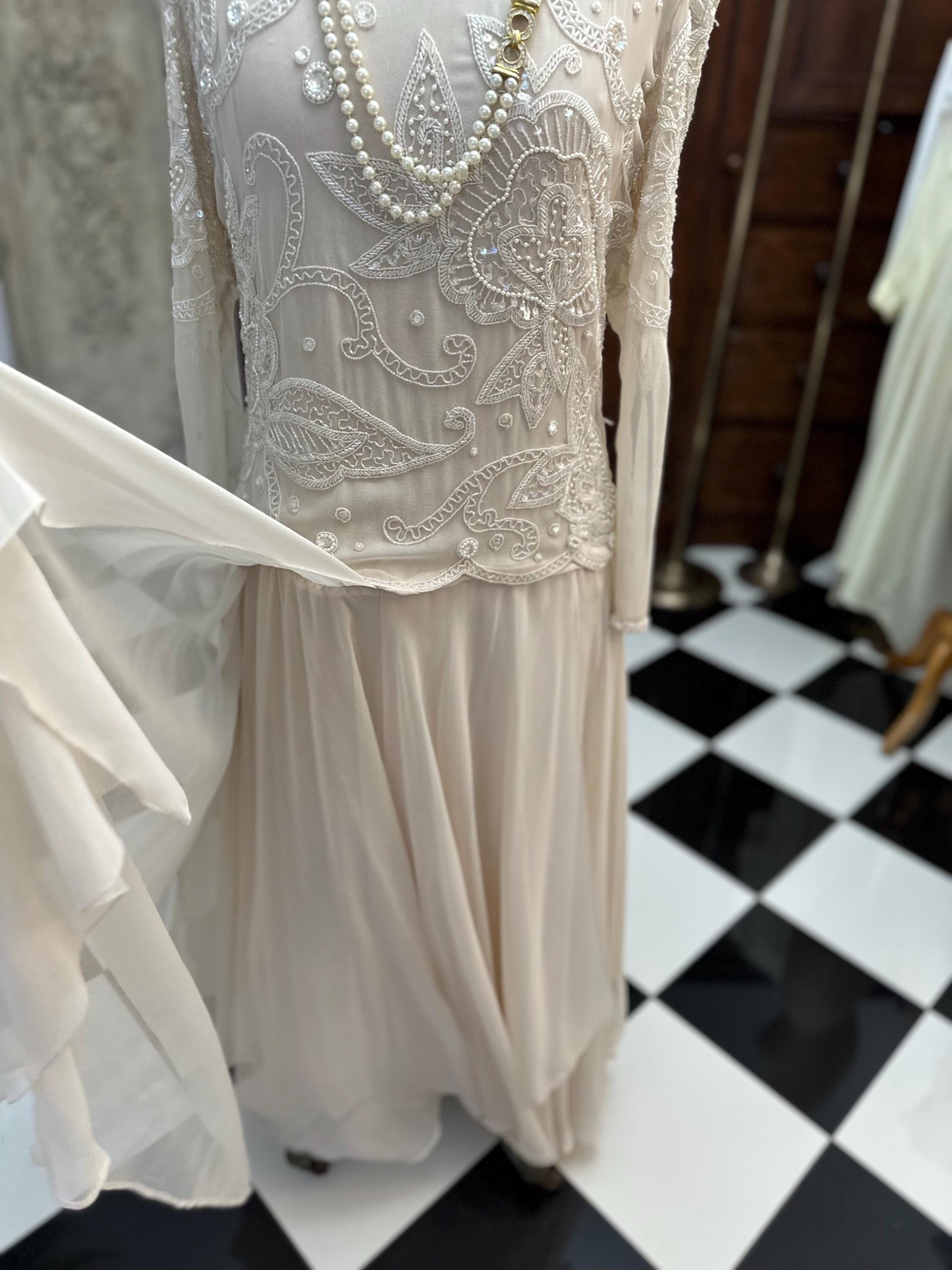 Vintage very pale pink silk party dress with beaded details