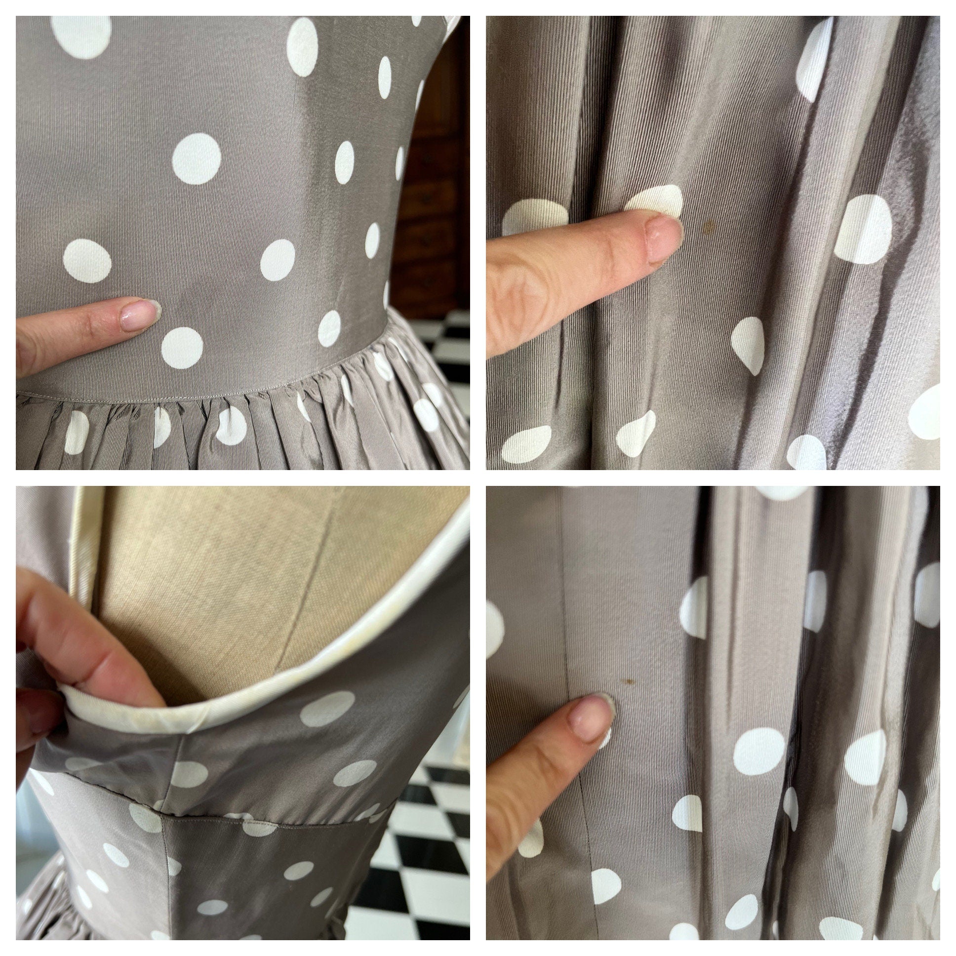 1950s mink and  white  silk tafetta polka dot ruffle skirt dress
