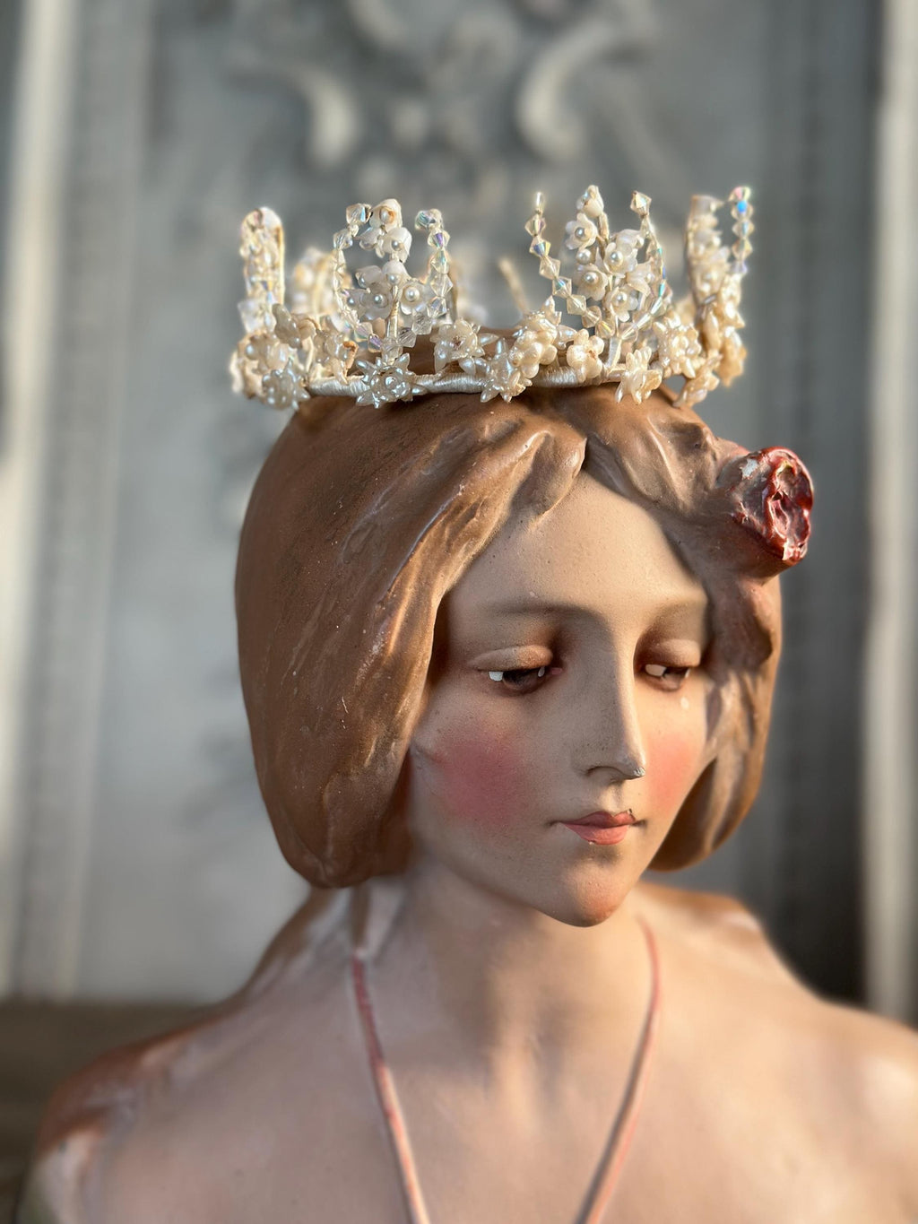 1910s 1920s Wax Elegant Handcrafted Pearl and Crystal wedding Tiara