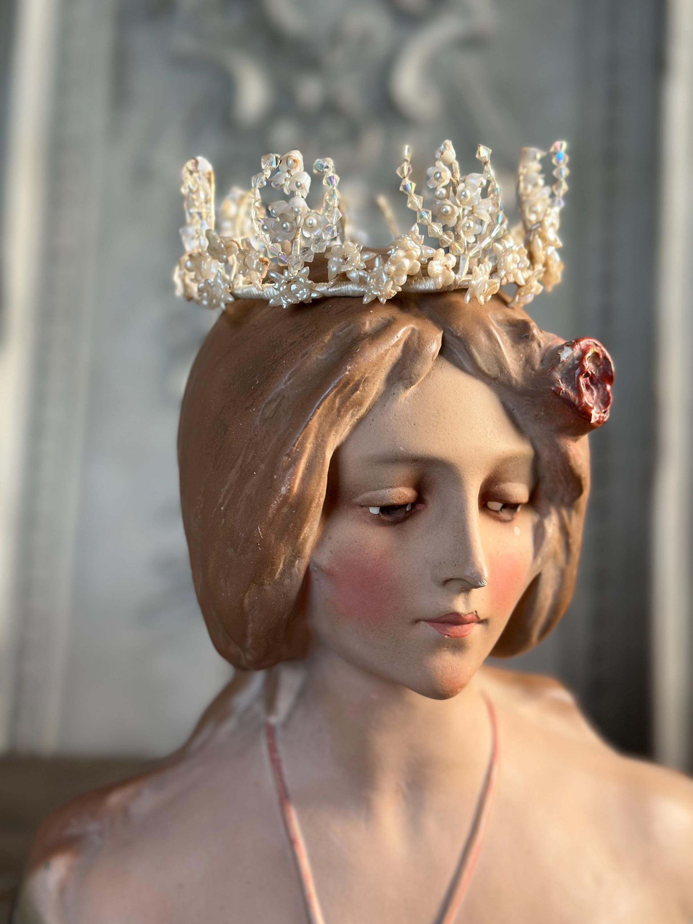 1910s 1920s Wax Elegant Handcrafted Pearl and Crystal wedding Tiara
