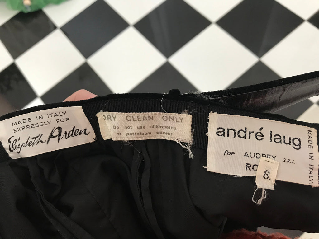 1960s Designer black velvet with crystal belt   Elizabeth Arden Andre Laug for Audrey