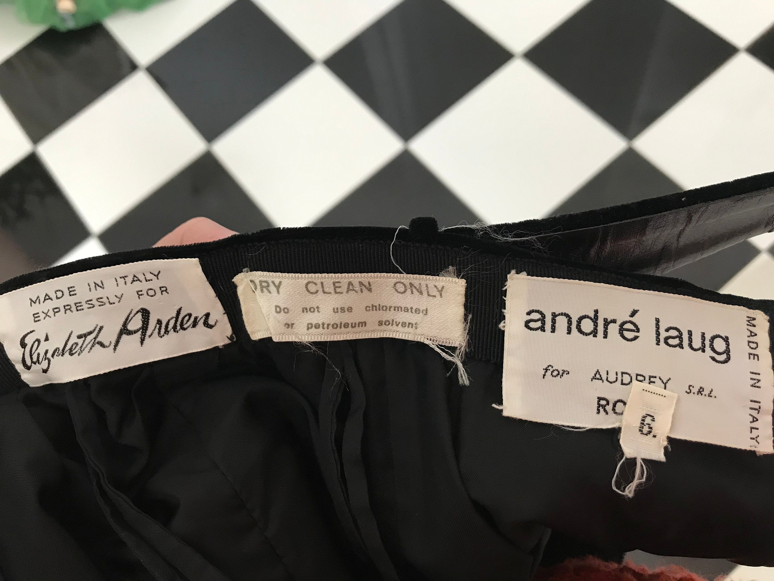 1960s Designer black velvet with crystal belt   Elizabeth Arden Andre Laug for Audrey