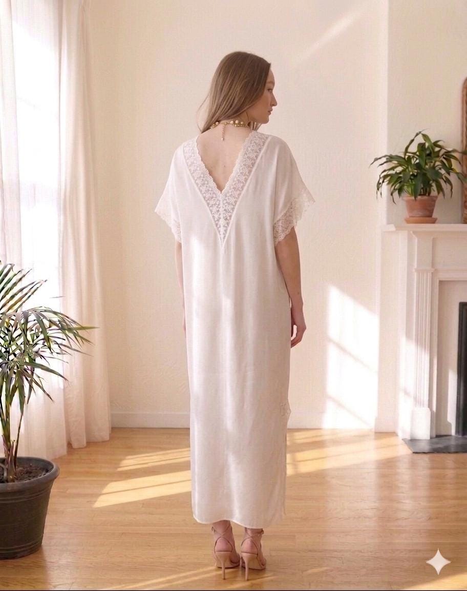 1970s silky white dress with lace trimming