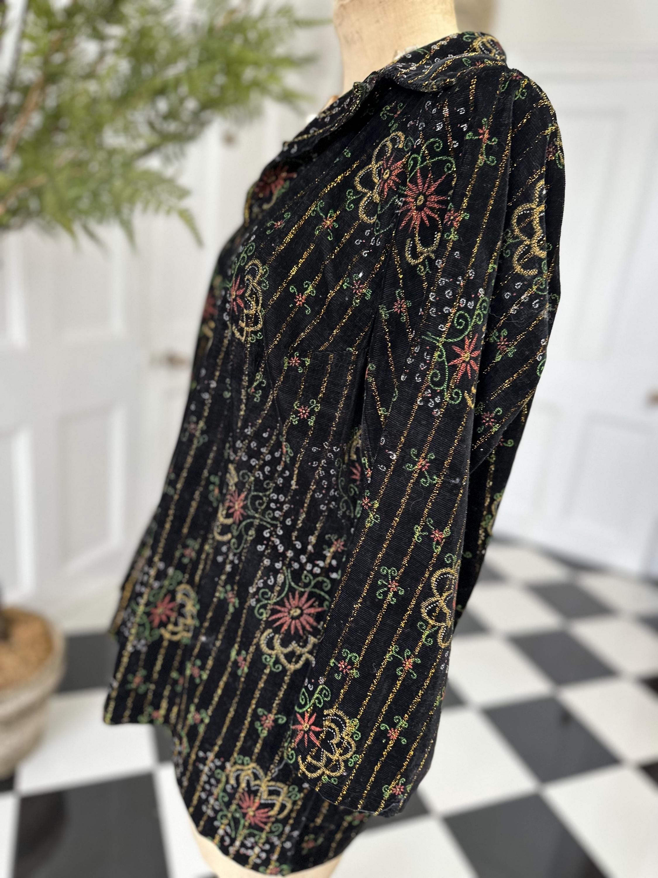 1970s box style velvet jacket blouse in gold thread floral embroidery