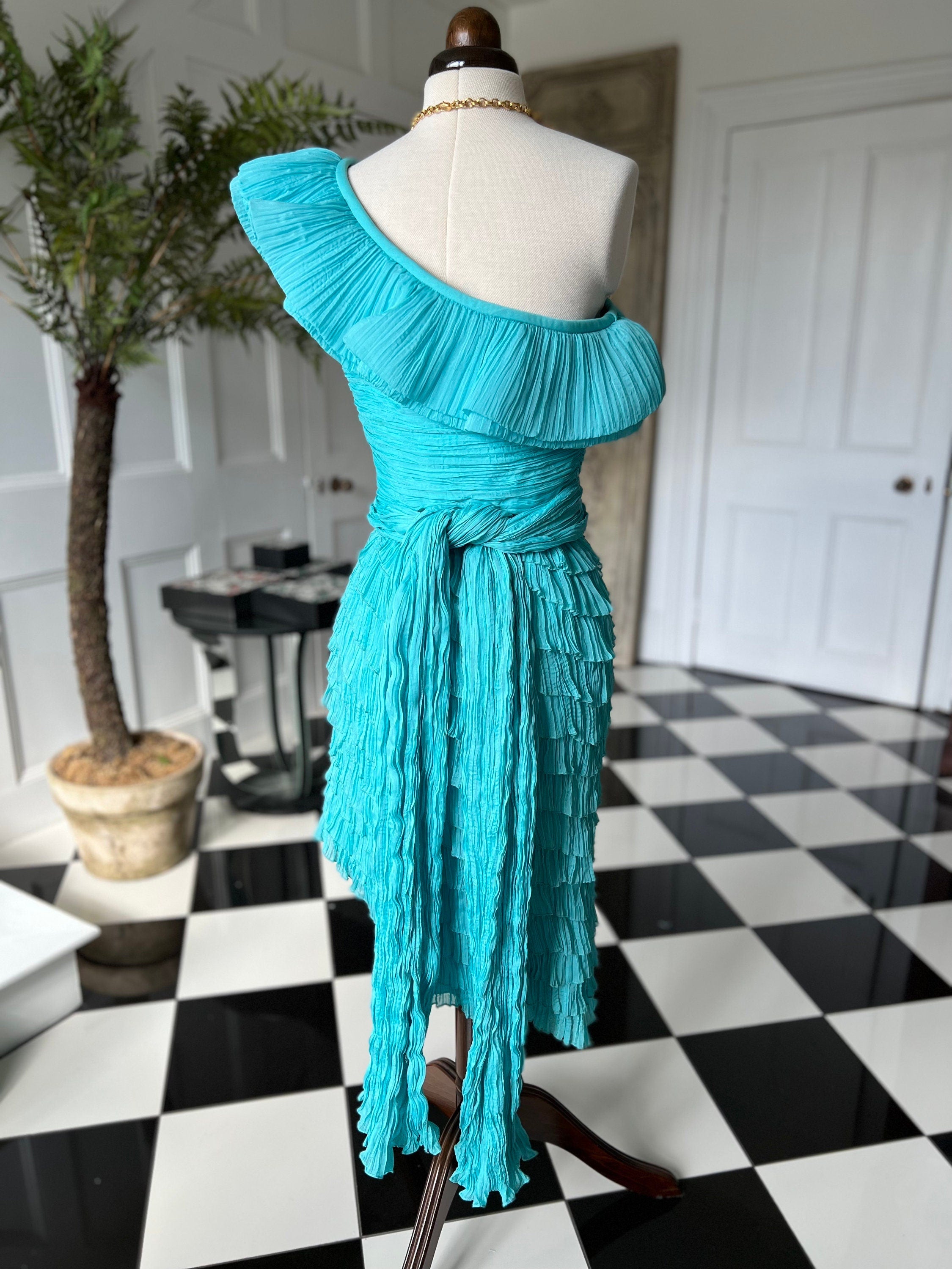 Sexy one sleeve off the shoulder ruched turquoise Cocktail dress by Pronovias