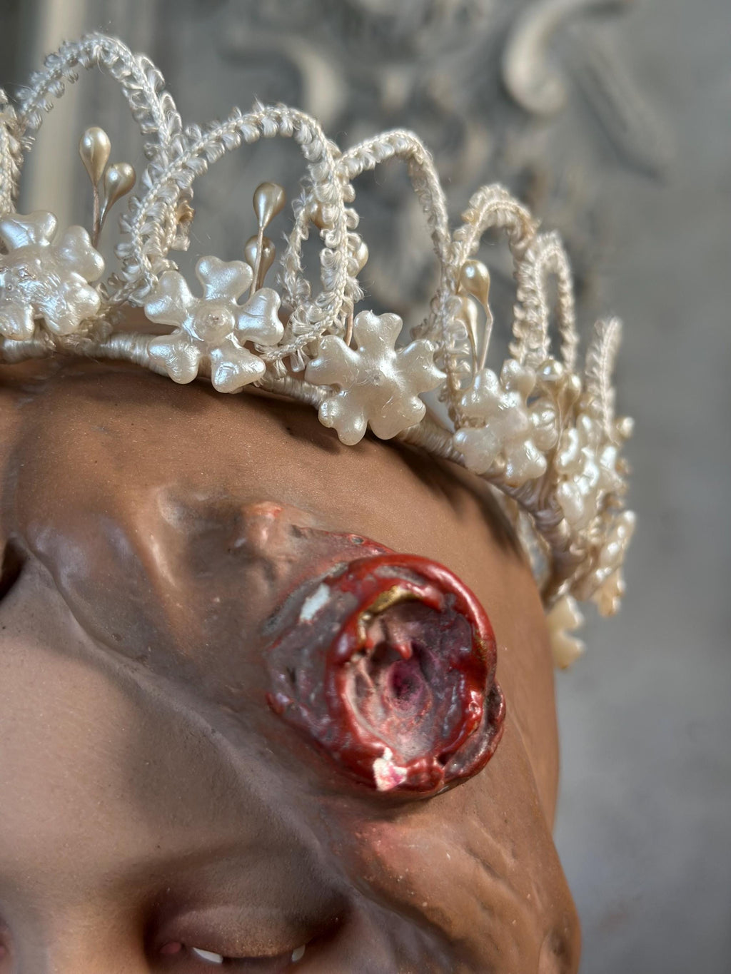 Antique 1950s  Floral Wax with ribbon tiara crown
