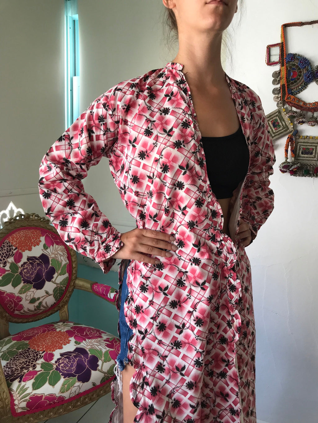 1920s Floral Cotton Kimono Robe: Turkish Style Long Coat