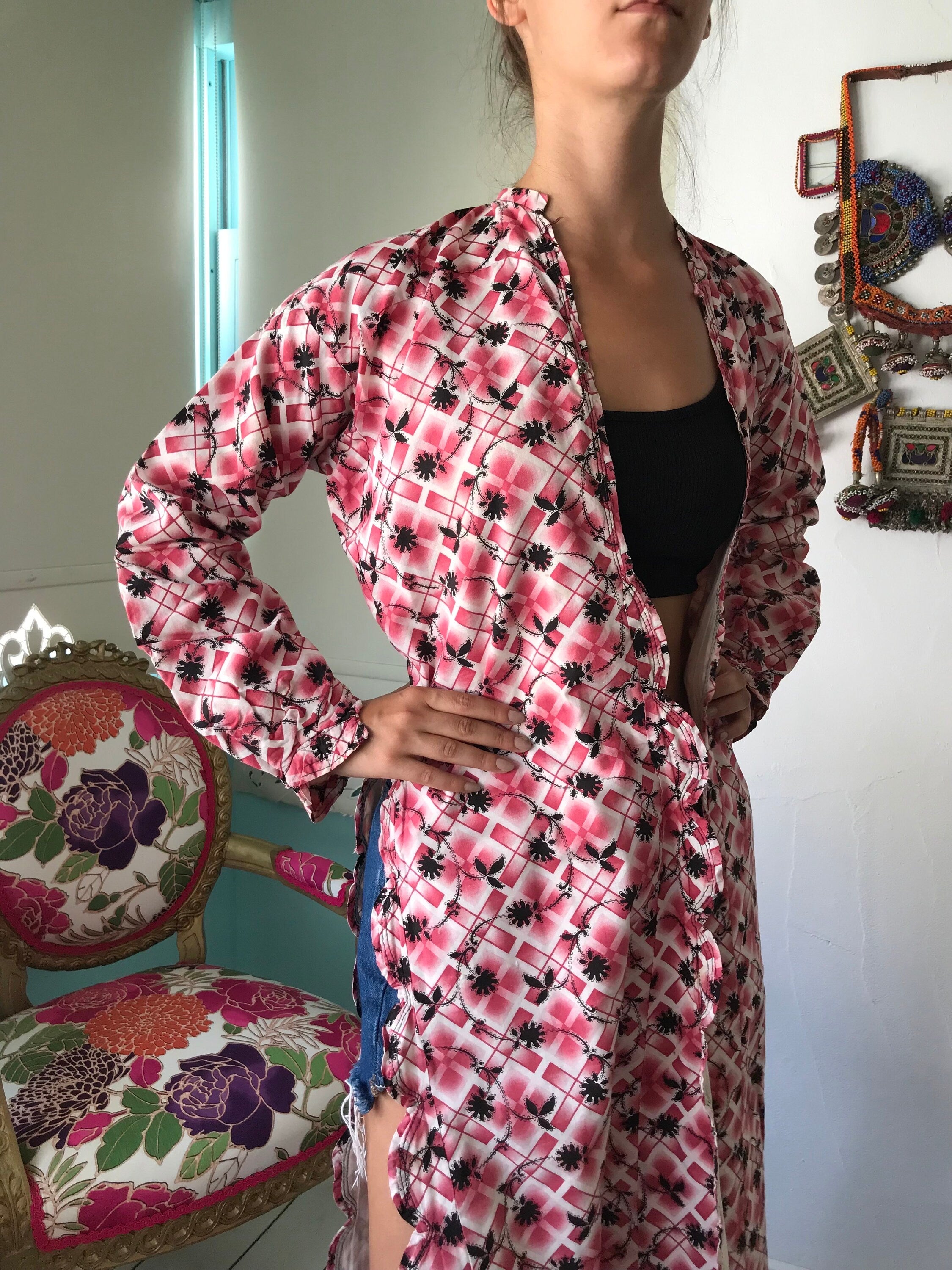 1920s Floral Cotton Kimono Robe: Turkish Style Long Coat