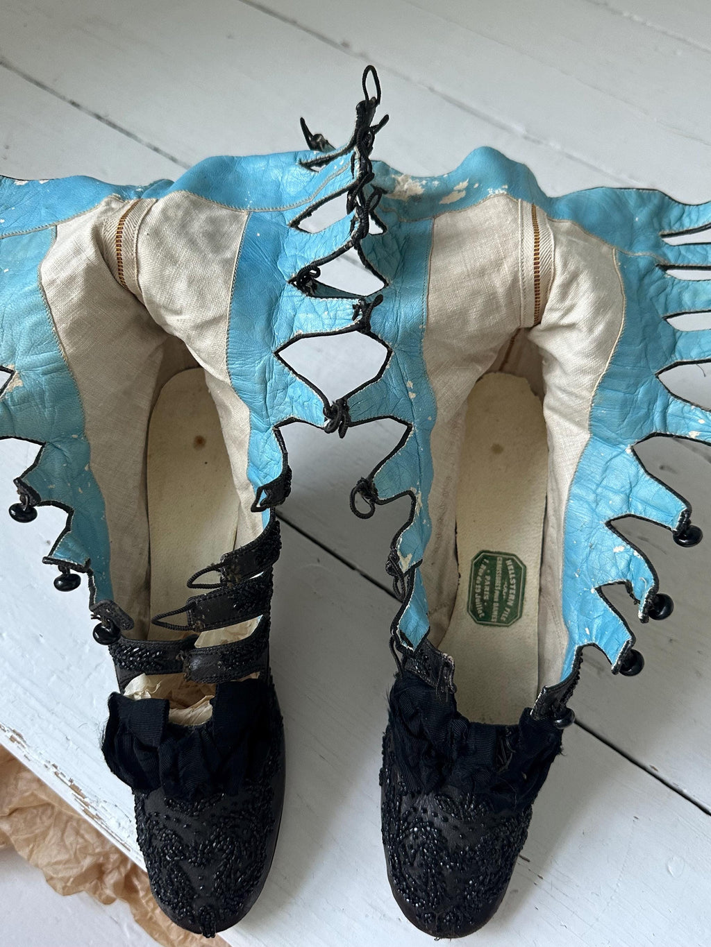 Antique Victorian shoe boots brown leather with beaded embroidery
