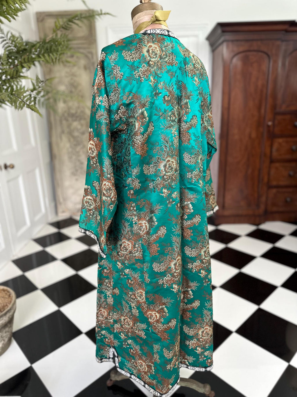 Antique Brocade Emerald Green Robe from the 1900s