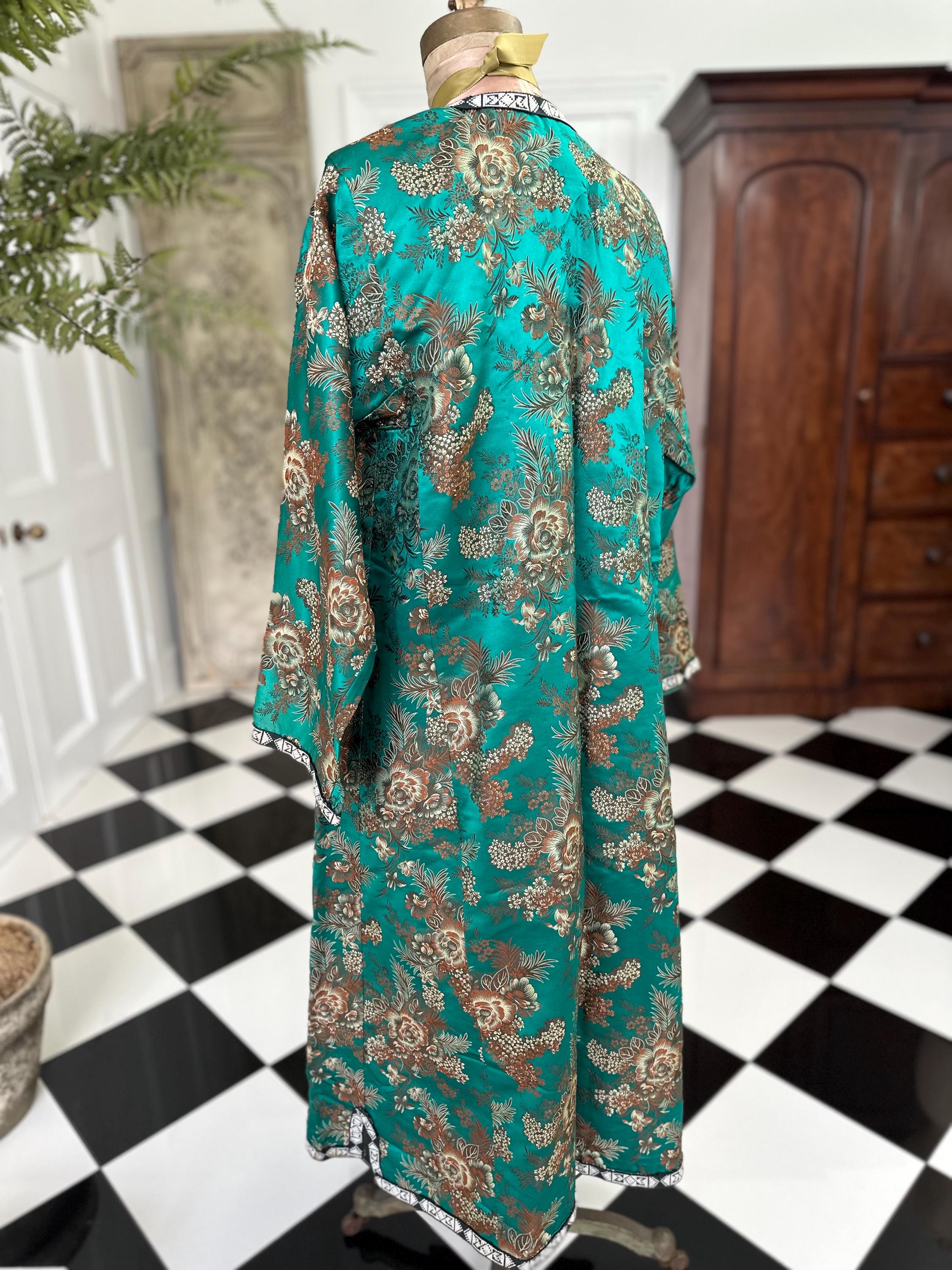 Antique Brocade Emerald Green Robe from the 1900s