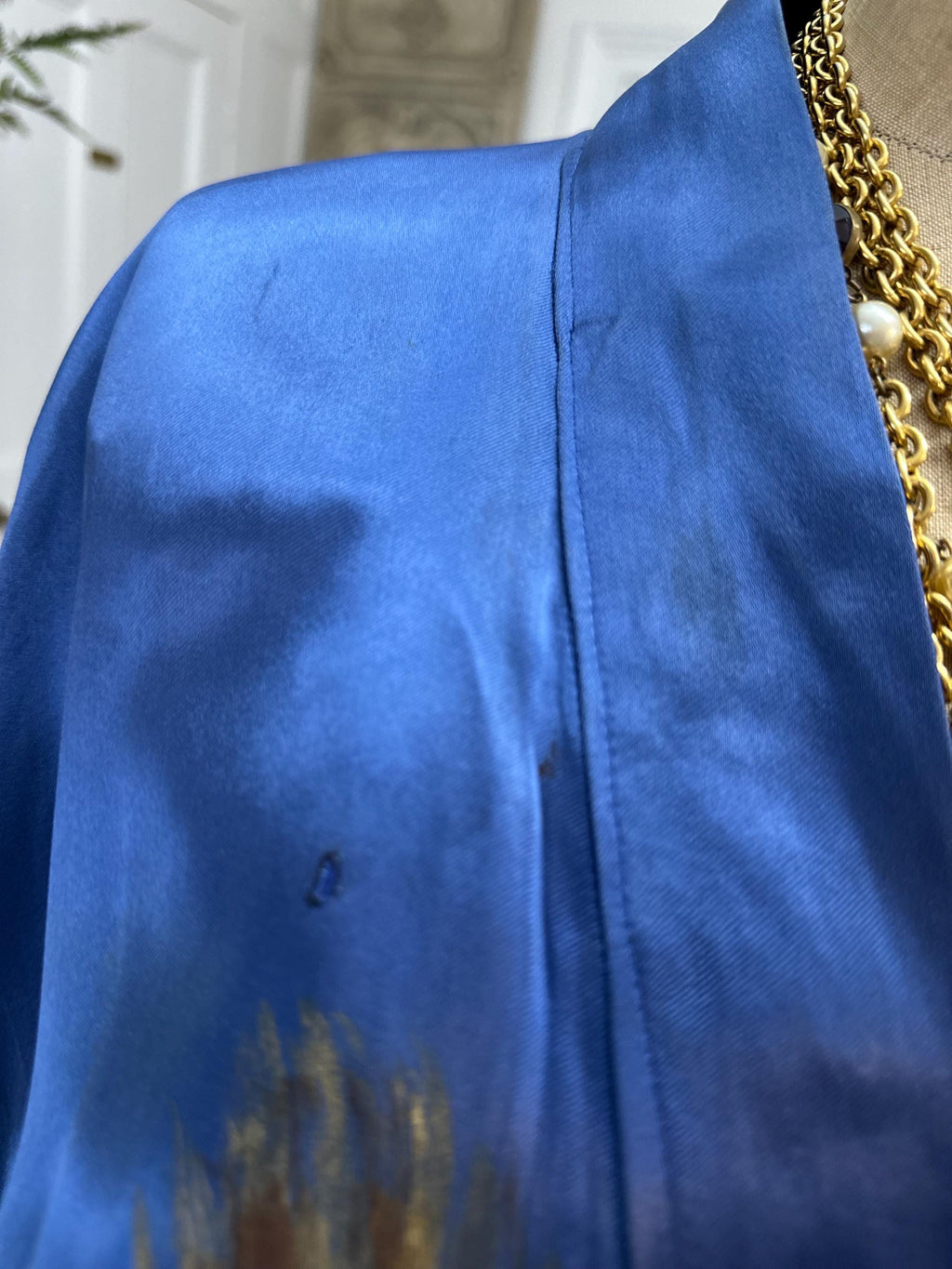 1970 Blue satin hand painted peacock design