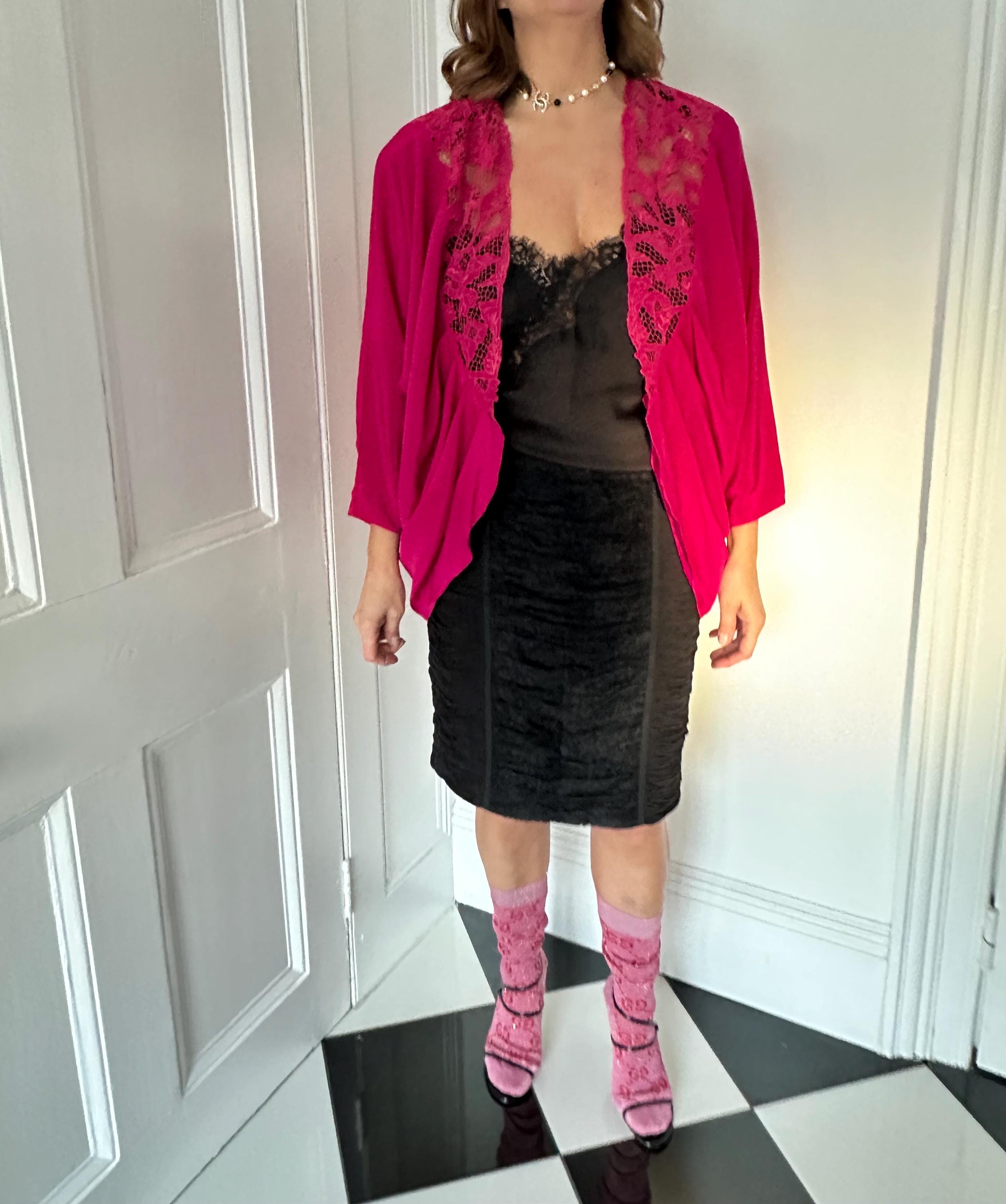 Vintage 1980s fuchsia lace trim bolero evening jacket