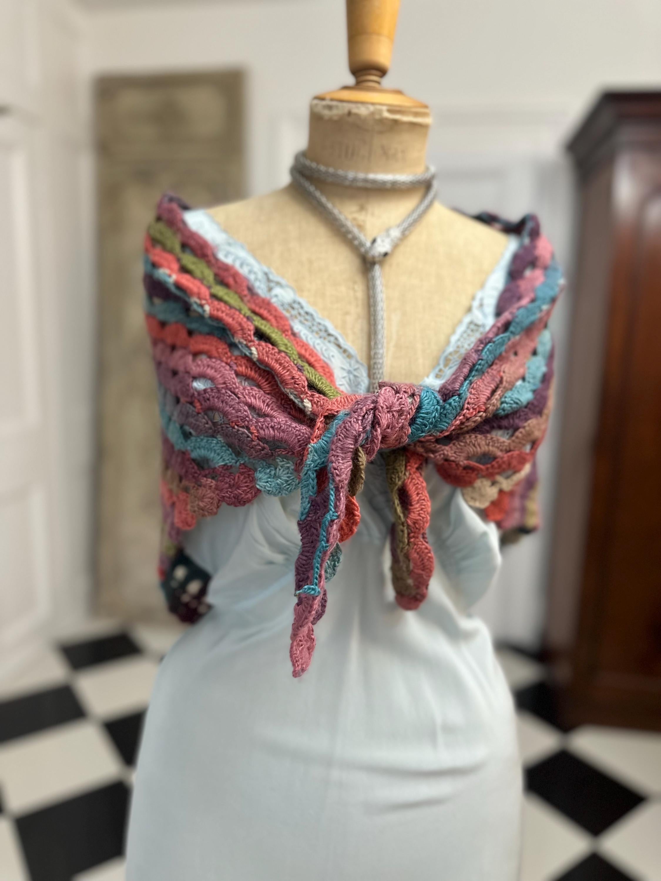 1970s Vintage hand knitted multi coloured shawl