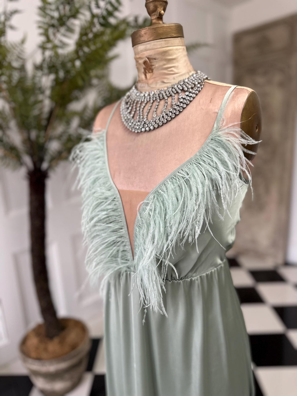 1930s style sage green  ostrich feather satin gown