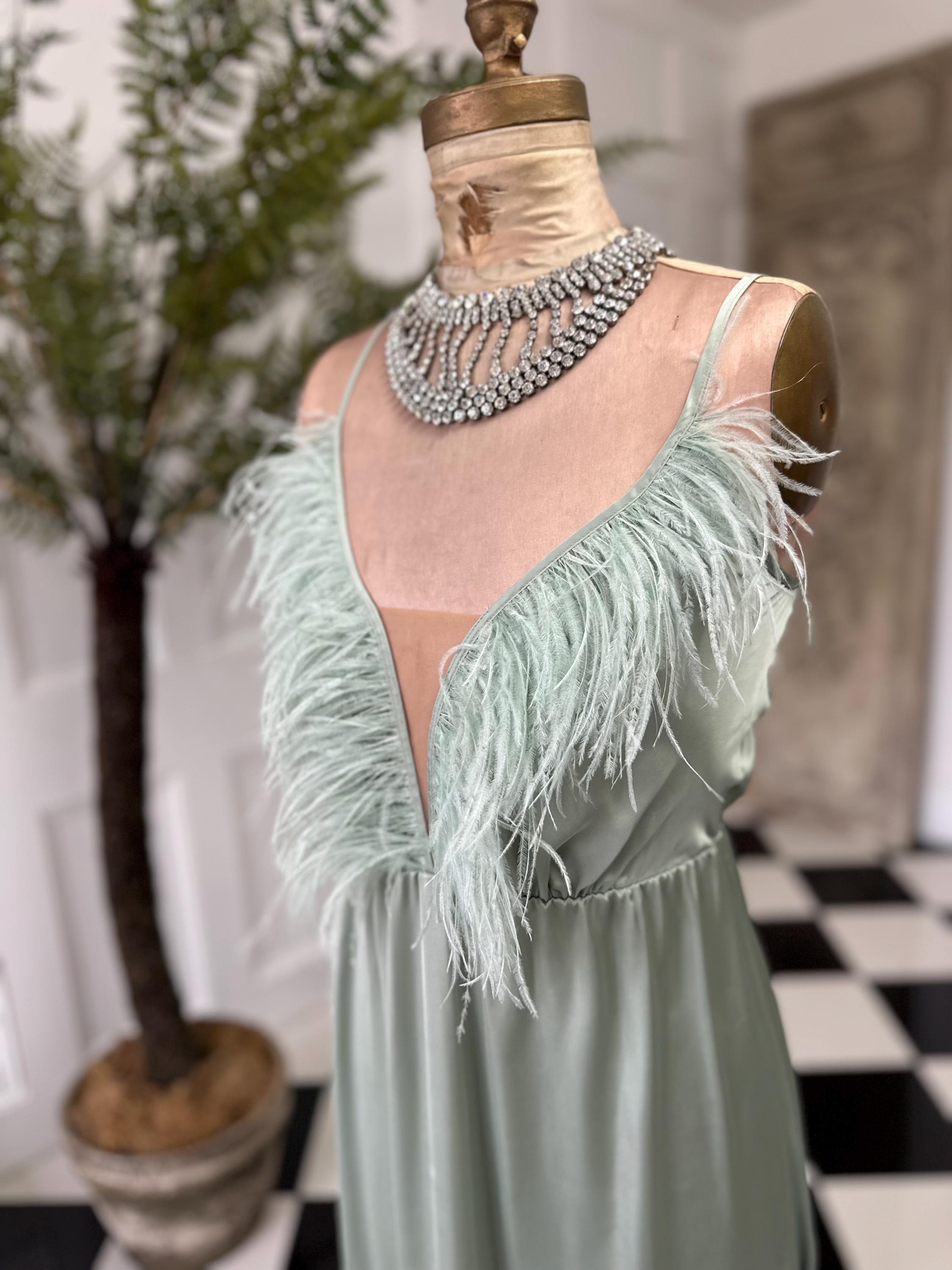 1930s style sage green  ostrich feather satin gown