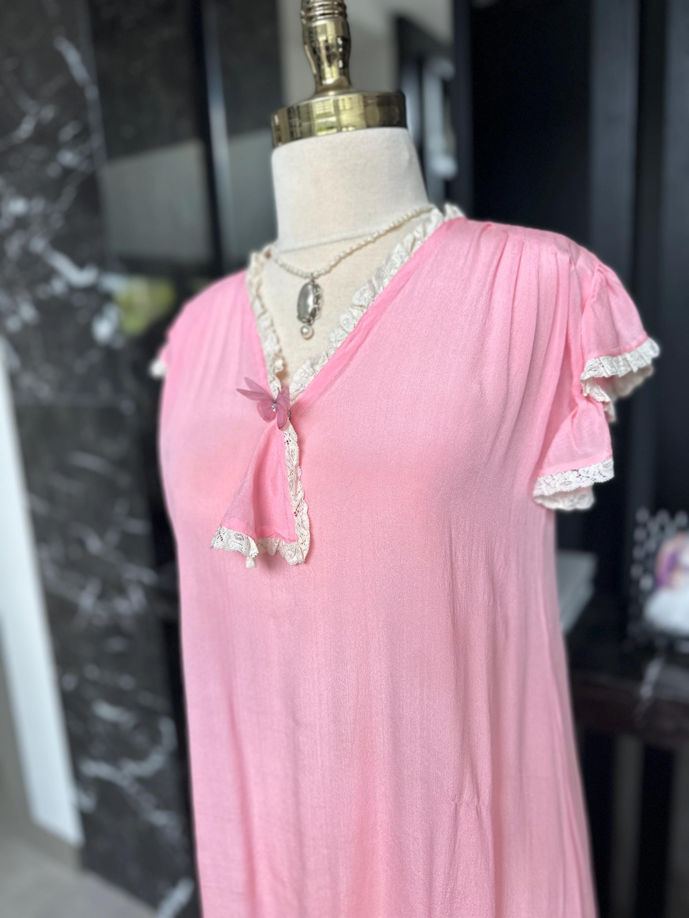 1930s Pink Silk Gown | Lace Ruffle Sleeve Slip, Antique Crepe Nightgown